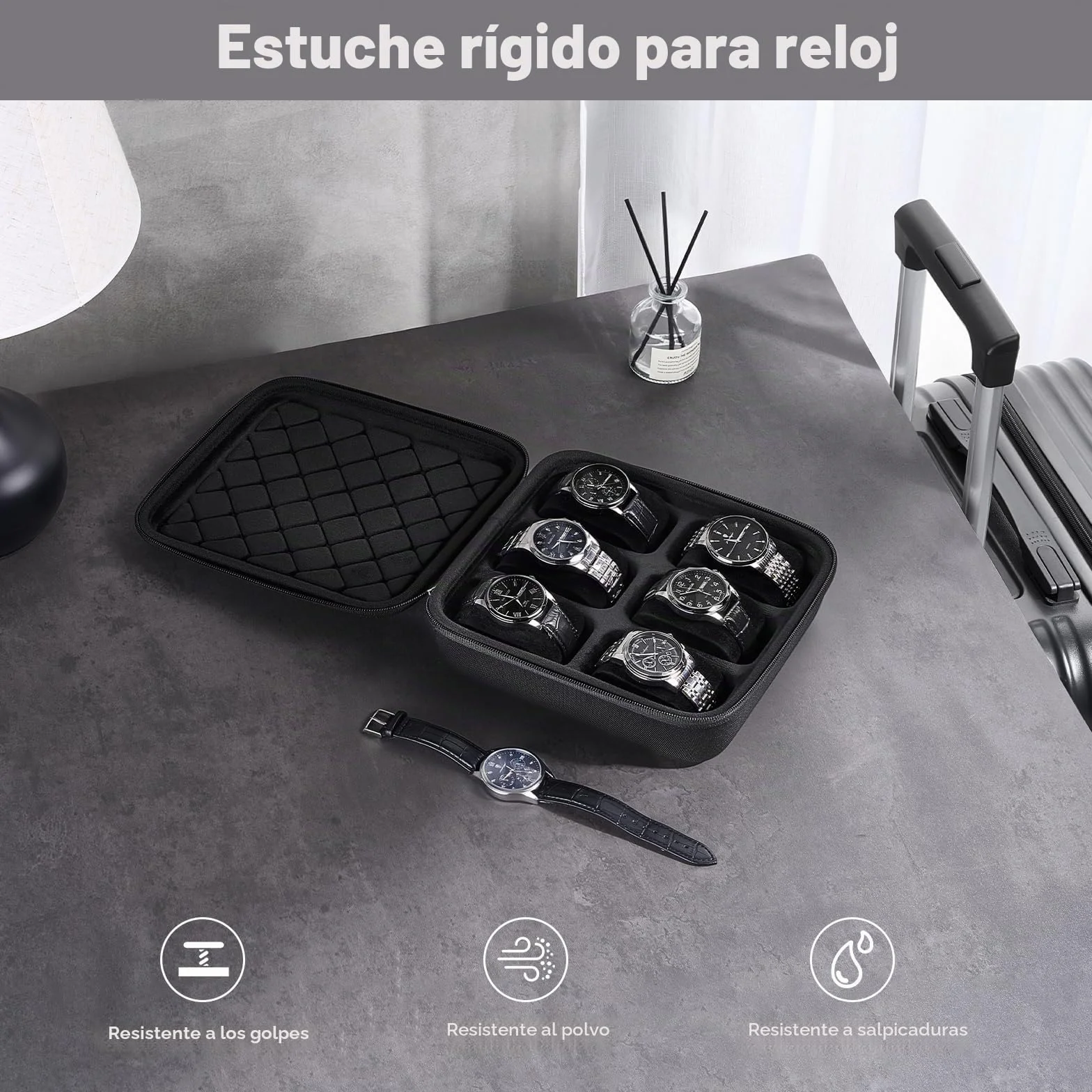 ProCase Estuche para Relojes de Viaje - Caja Rígida con 6 Ranuras, Organizador Multi-Compartimentos. Ideal para Hombres y Mujeres de Negocios, Práctico para Viajes, Regalos y Uso Diario - Negro