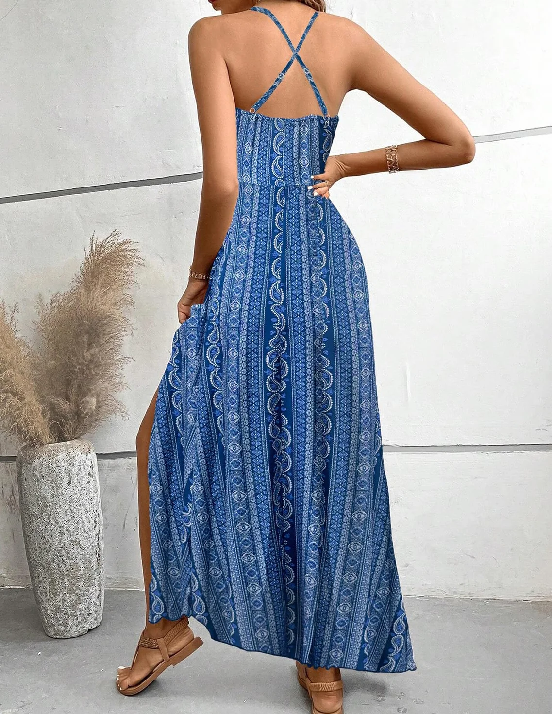 Vestido de Verano Sin Mangas Cuello en V Falda Larga Estampado Bohemio Elegante para Mujer