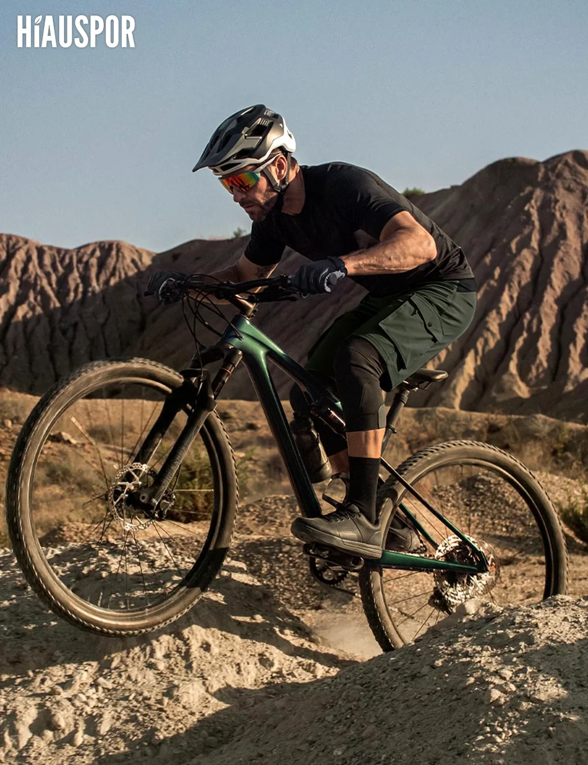 Hiauspor Pantalones Cortos de Ciclismo de montaña para Hombre, de Secado rápido, con Bolsillos con Cremallera MTB Trekking (Multi-Verde, L)