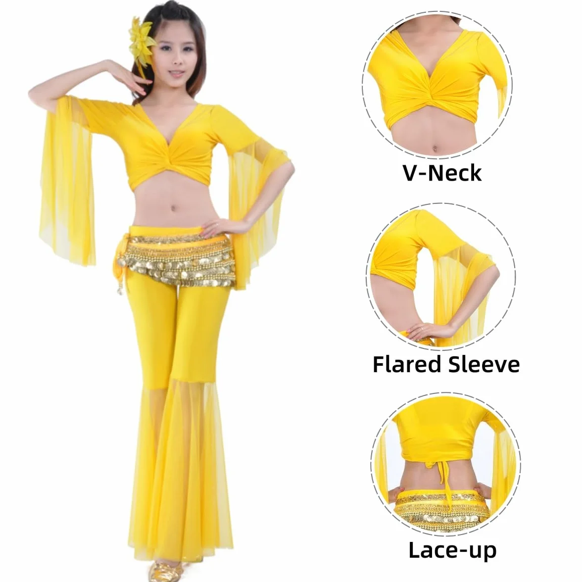 Blusa de baile mangas acampanadas mujer cuello V tul 3/4 cruzada danza del vientre tribal