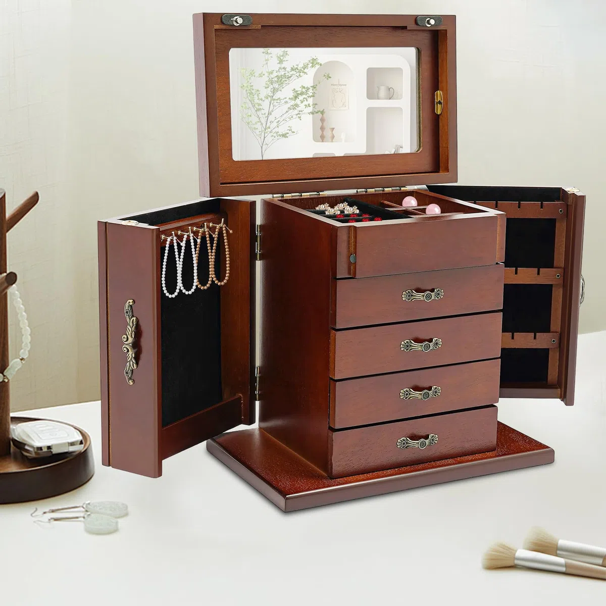 Joyero de madera grande, joyero con cajones de madera, con llave y cerradura, puertas dobles para anillos, pendientes, collares