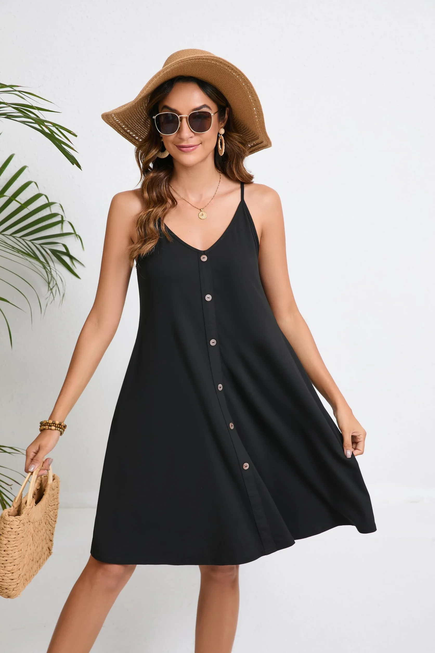 Enmain Mujer Vestidos Verano Floral Sin Mangas Vestido de Playa hasta la Rodilla Casual Cuello en V Tirantes de Espagueti Vestidos con Bolsillos para Fiesta Hawai Vacaciones S-2XL