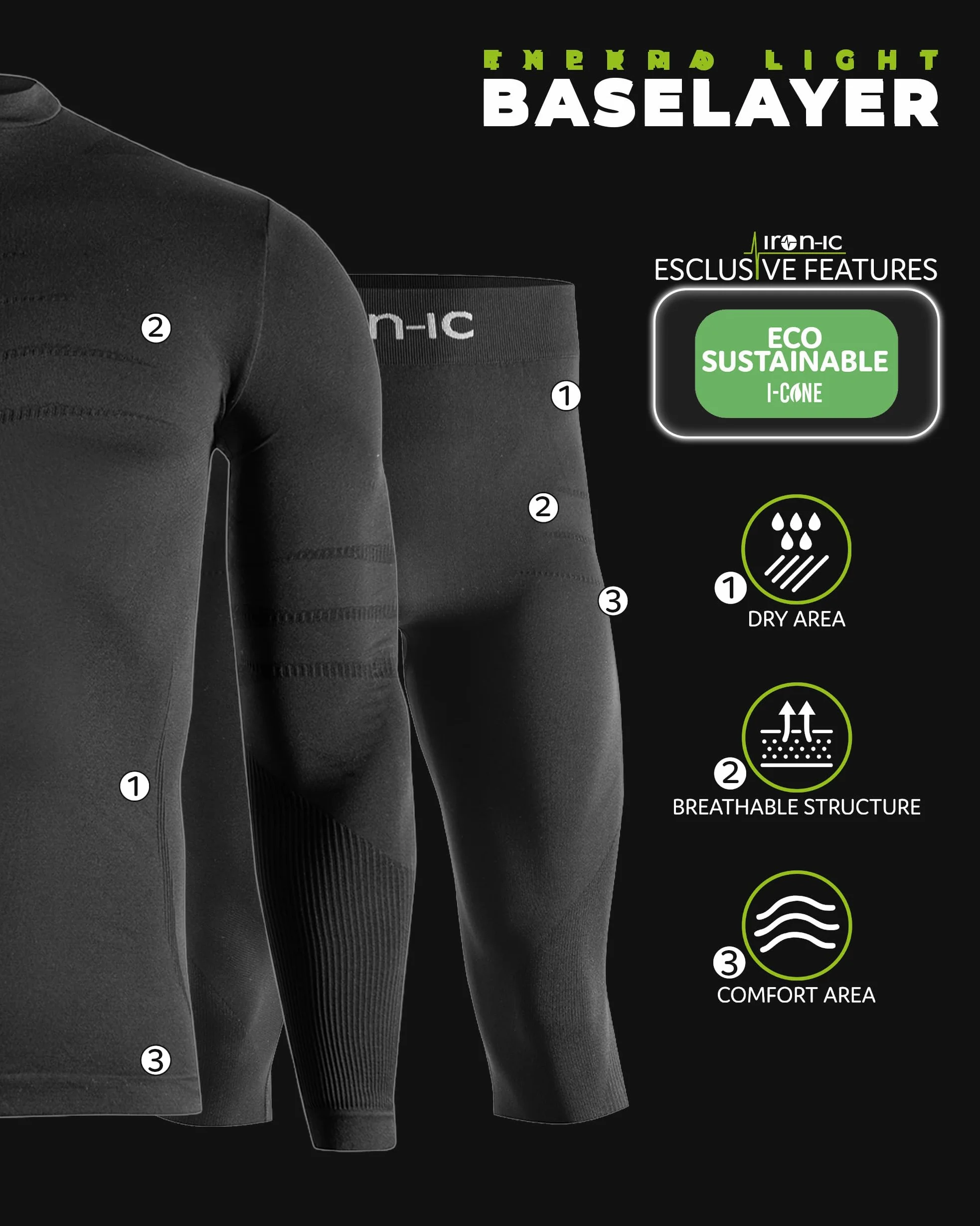Iron-Ic - Kit térmico para hombre con camiseta de cuello alto y mallas 3/4 transpirables para actividades al aire libre - Art. 900482