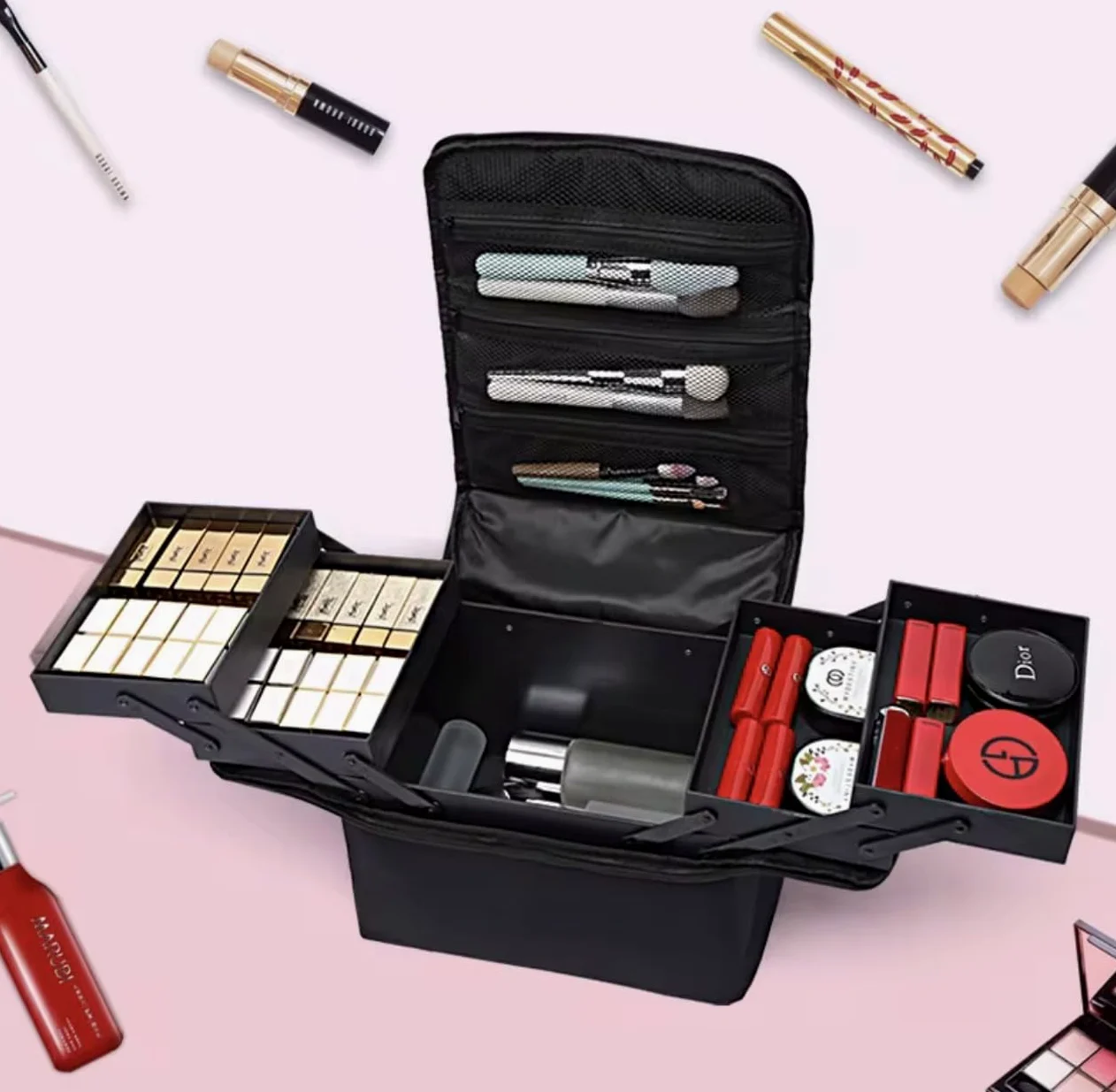 Maleta de Maquillaje Profesional, Maletín Cosmético Negro con Bandeja Expandible y Compartimentos Desplegables, Estuche Portátil 28x27x20 cm