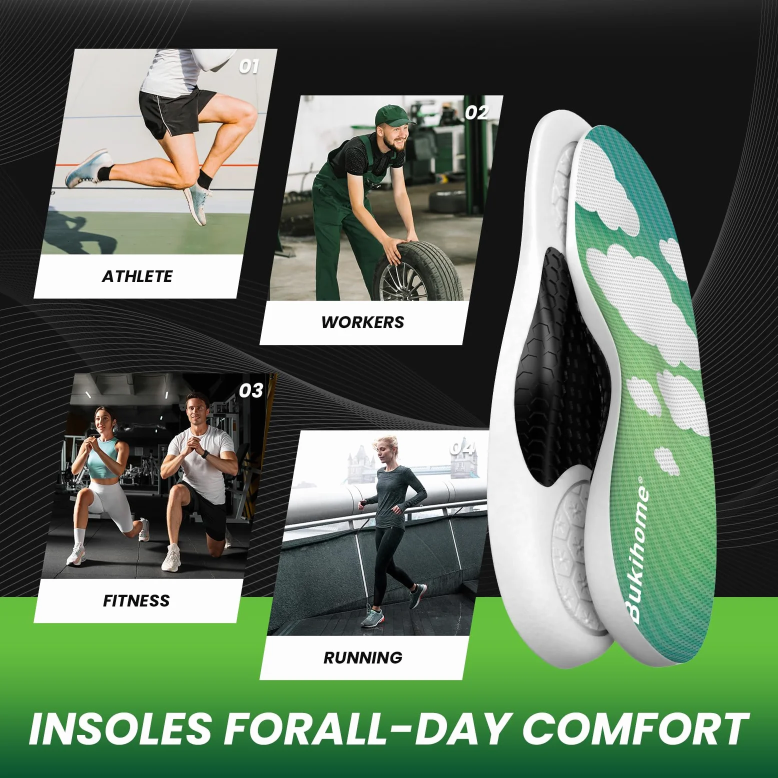 Bukihome Plantillas deportivas profesionales para correr y baloncesto, plantillas ligeras con absorción de impactos, retorno de energía y soporte de arco, plantillas para mejorar el rendimiento para