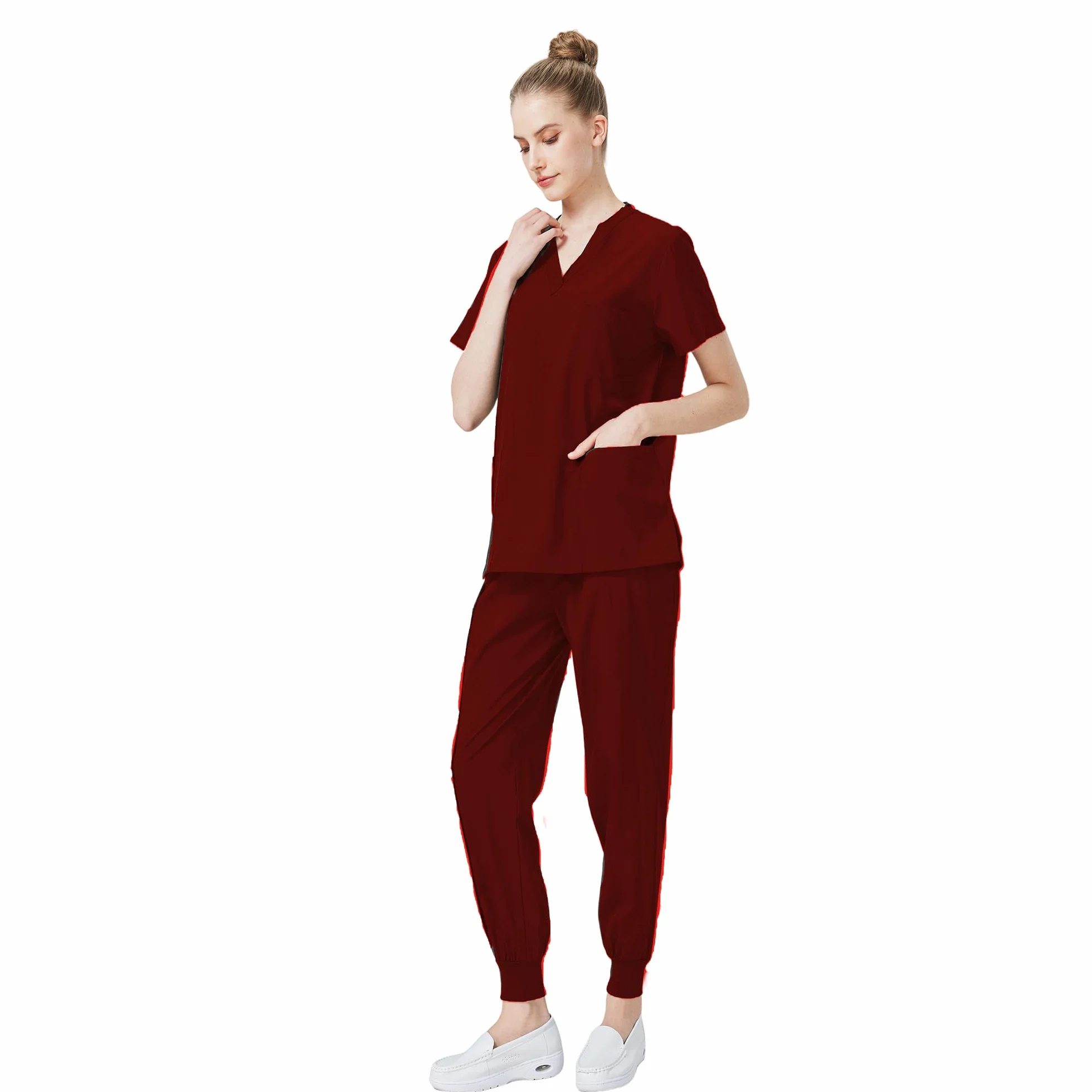 Conjunto Médico 2PCS Uniformes de Trabajo Médico Cuello en V Top de manga corta con 3 bolsillos Pantalones elásticos Secado rápido y absorbente del sudor DK05