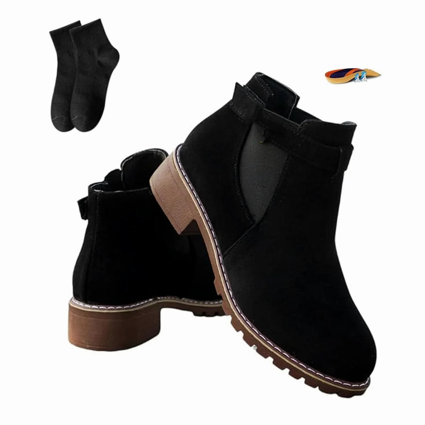 Botas de tobillo retro con hebilla plana para mujer, de ante para otoño e invierno, tacón bajo, punta puntiaguda, botines cortos gruesos, informales, cómodos, zapatos de oficina para caminar