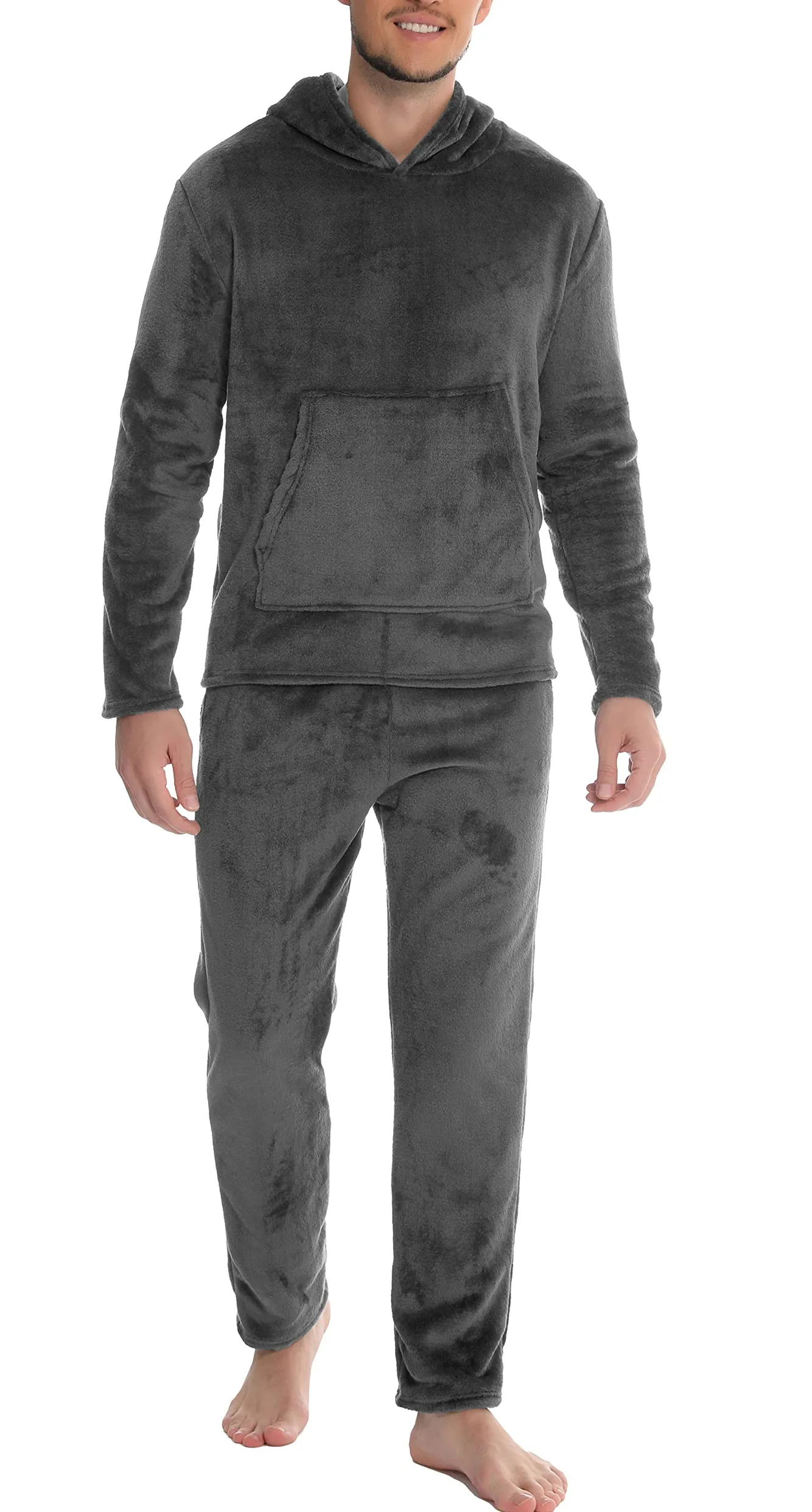 Lovasy Pijama Hombre Invierno Manga Larga Polar Pijamas para Hombre de Franela Cálido Largo con Bolsillos y Capucha
