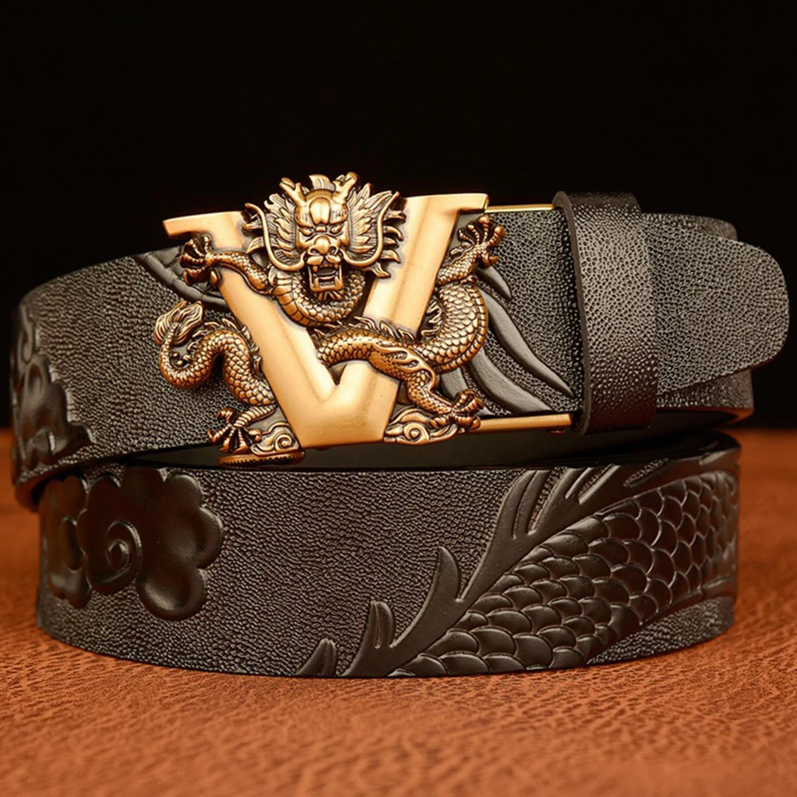 Cinturón De Vestir De Carraca para Hombre Hebilla Automática Deslizante Dragón Tallado Occidental En Relieve Cuero De Vaca De Grano Completo Correa De Grueso(110cm/43, Dragon-H)