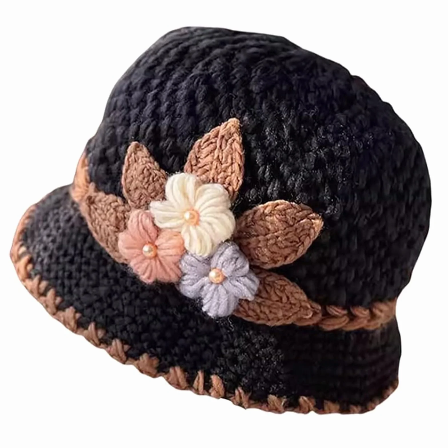 French Thicken Mujeres Flores Sombrero de Punto Elegante Gorro de Dama Sombrero de Cubo de Ganchillo para el Invierno, Sombrero Vintage de Flores Ganchillo Sombrero Hueco Sombrero de