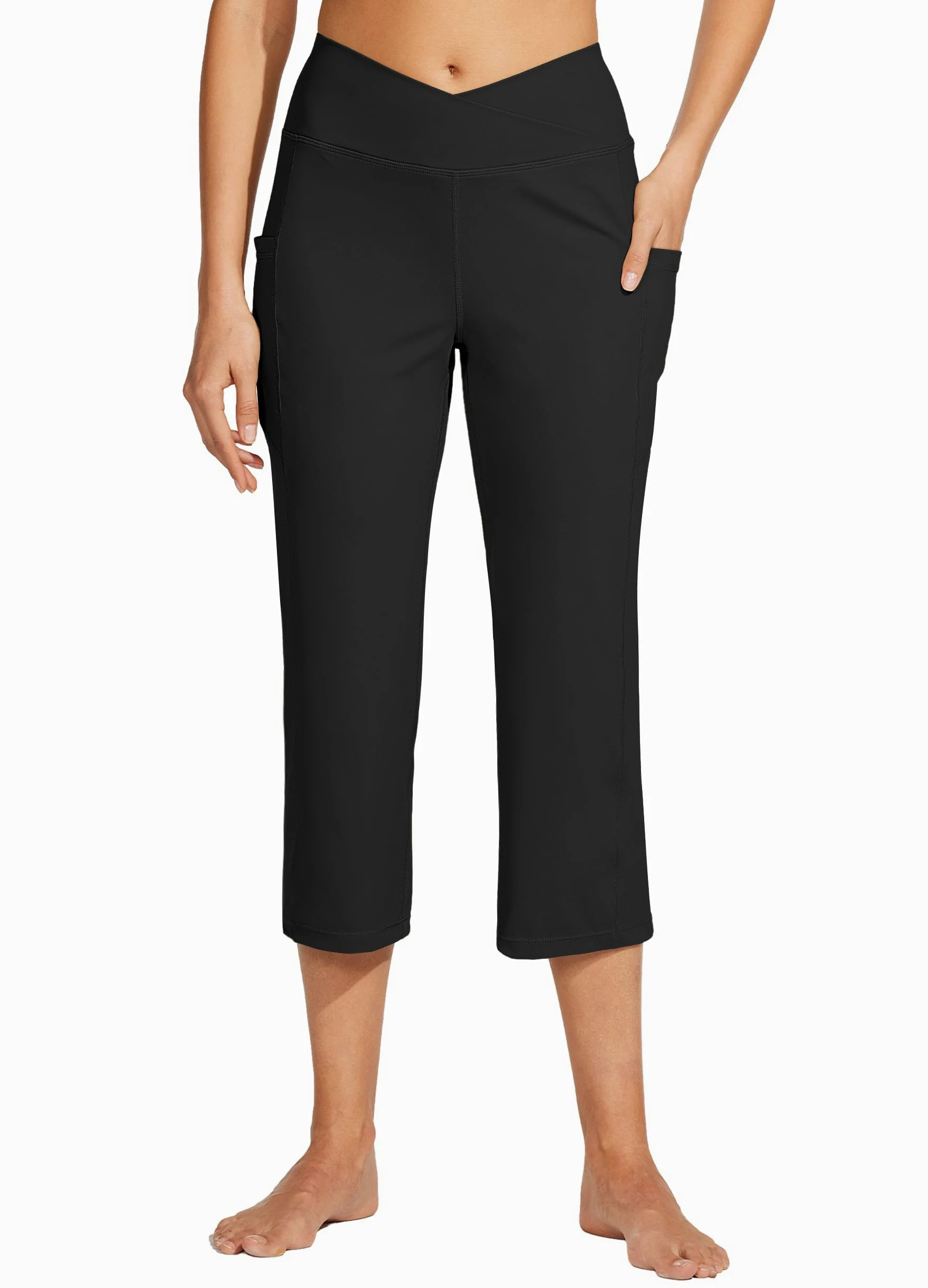 WILLIT Pantalones capri de yoga para mujer, pierna recta, elásticos, pantalones de trabajo cruzados, elegantes, cintura alta, con bolsillos, yoga, entrenamiento casual