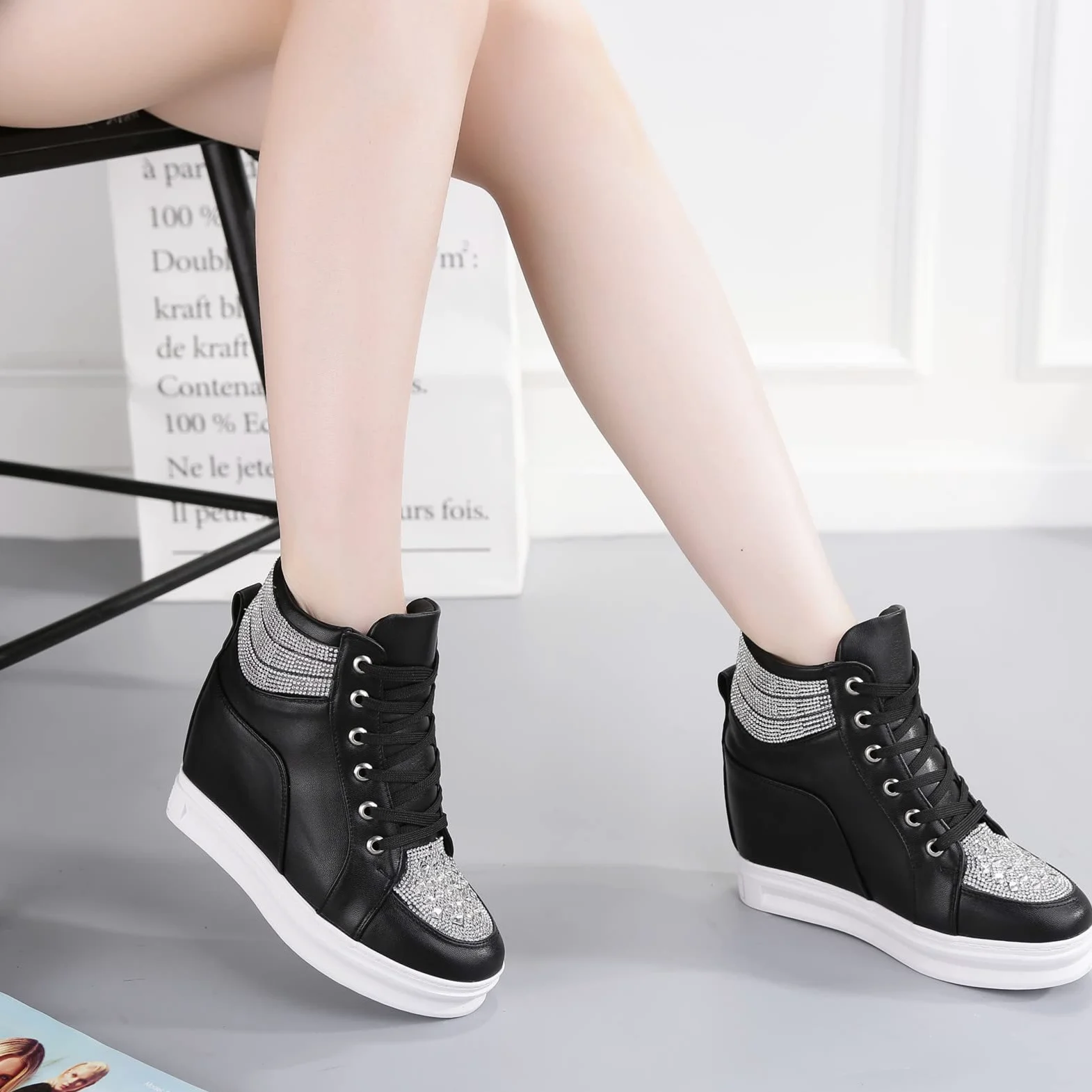 rismart Plataforma Botines Mujer Brillantina High-Top Moda Cuñas Zapatillas con Cordones