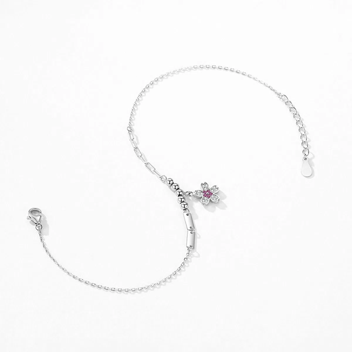 Pulsera para Mujer de Oro Blanco 9Kilates / 14Kilates / 18Kilates, Flor con Zafiro Rosa y Diamante, Cadena Extensible 16 CM + 5 CM, Pulseras Mujer Ajustable Plata Rosa