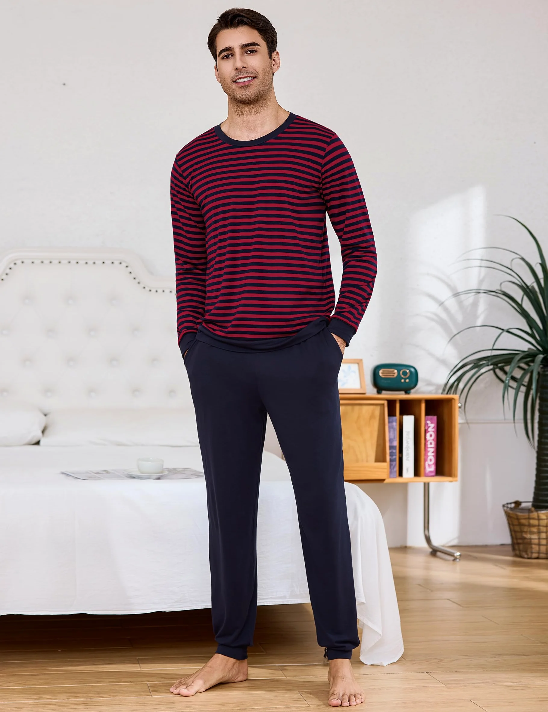 Bresdk Pijama Hombre Invierno Algodon Manga Larga Conjunto de Pijama a Rayas Dos Piezas Pijamas Largos Cuello Redondo S-3XL