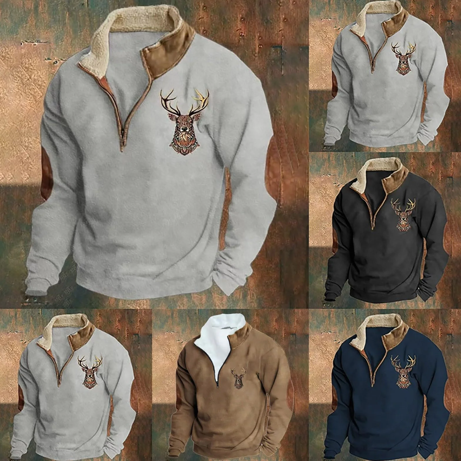 Sudadera con media cremallera para hombre con estampado de ciervo de caza, suéter de punto cálido, suéter de invierno, cuello alto, suéter de trabajo, negocios, deportes, invierno, camiseta de