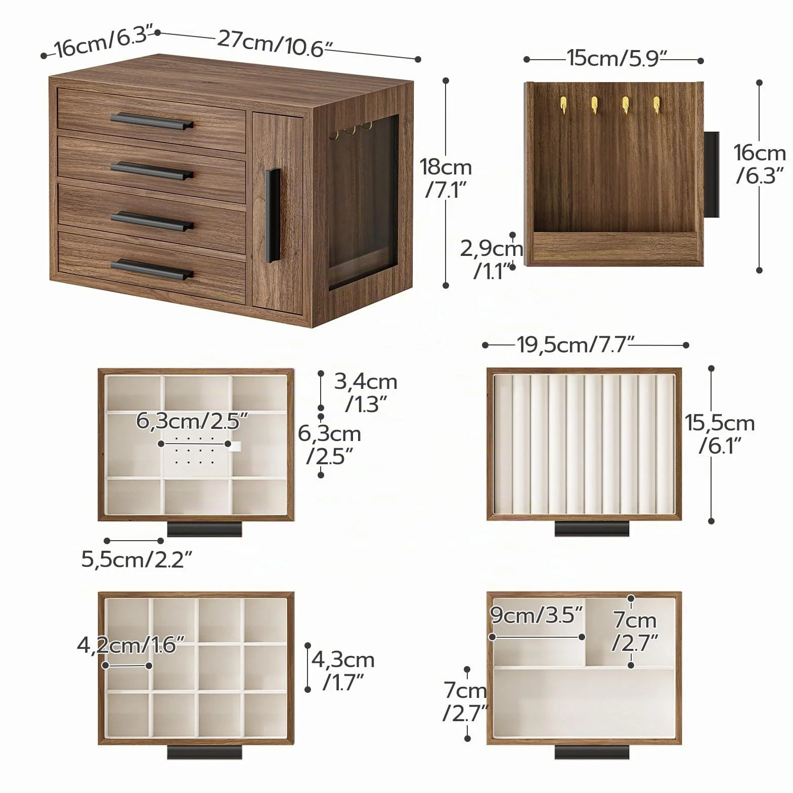 HOOBRO Caja Joyero 4 Niveles Madera Nogal Negro EBH09JB04