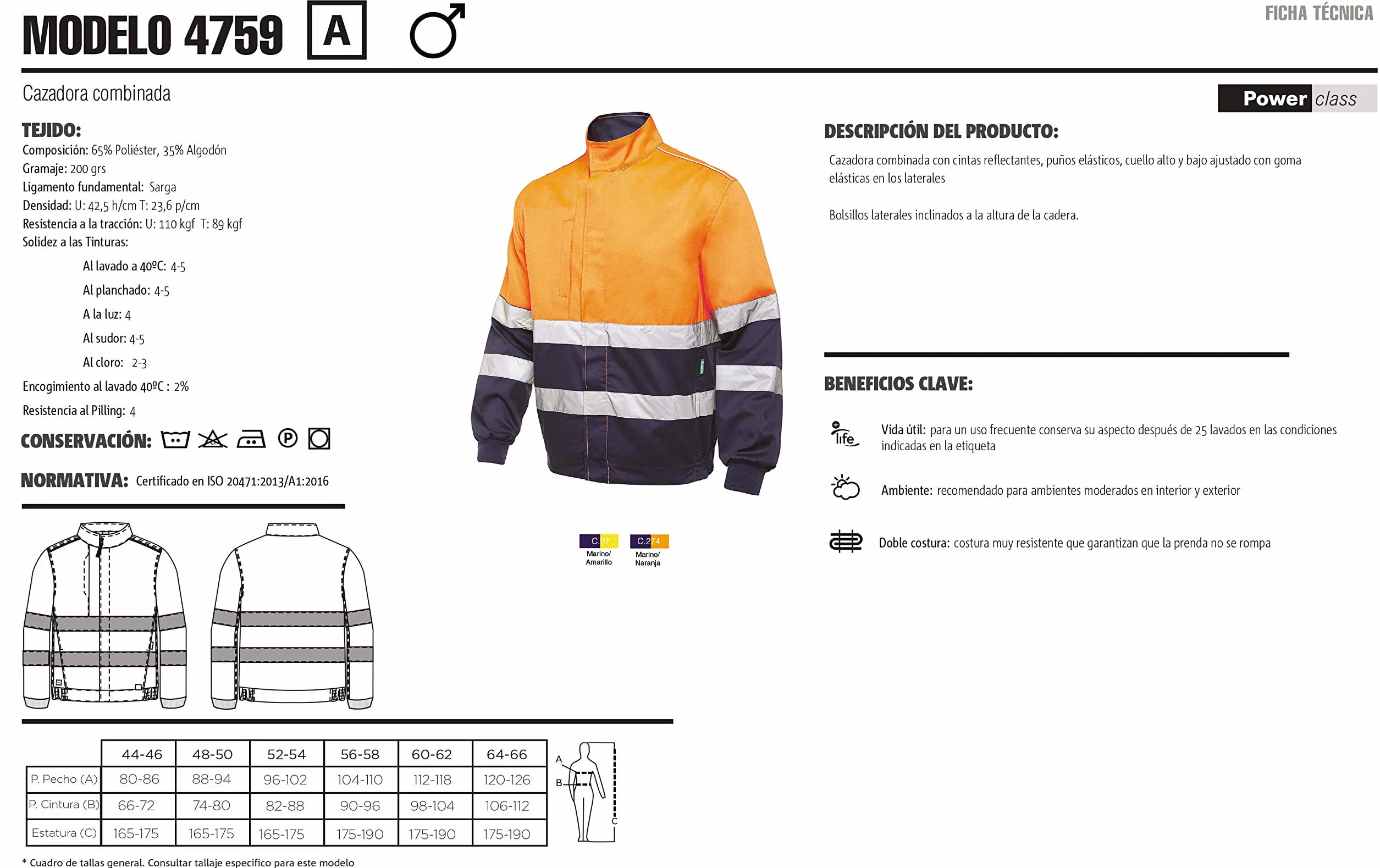 Chaqueta De Trabajo Reflectante combinada Alta Visibilidad de Hombre Profesional. Chaqueta combinada de alta visibilidad y reflectante. Disponible en diferentes tallas de la 48 a la 70. Ref: 4759