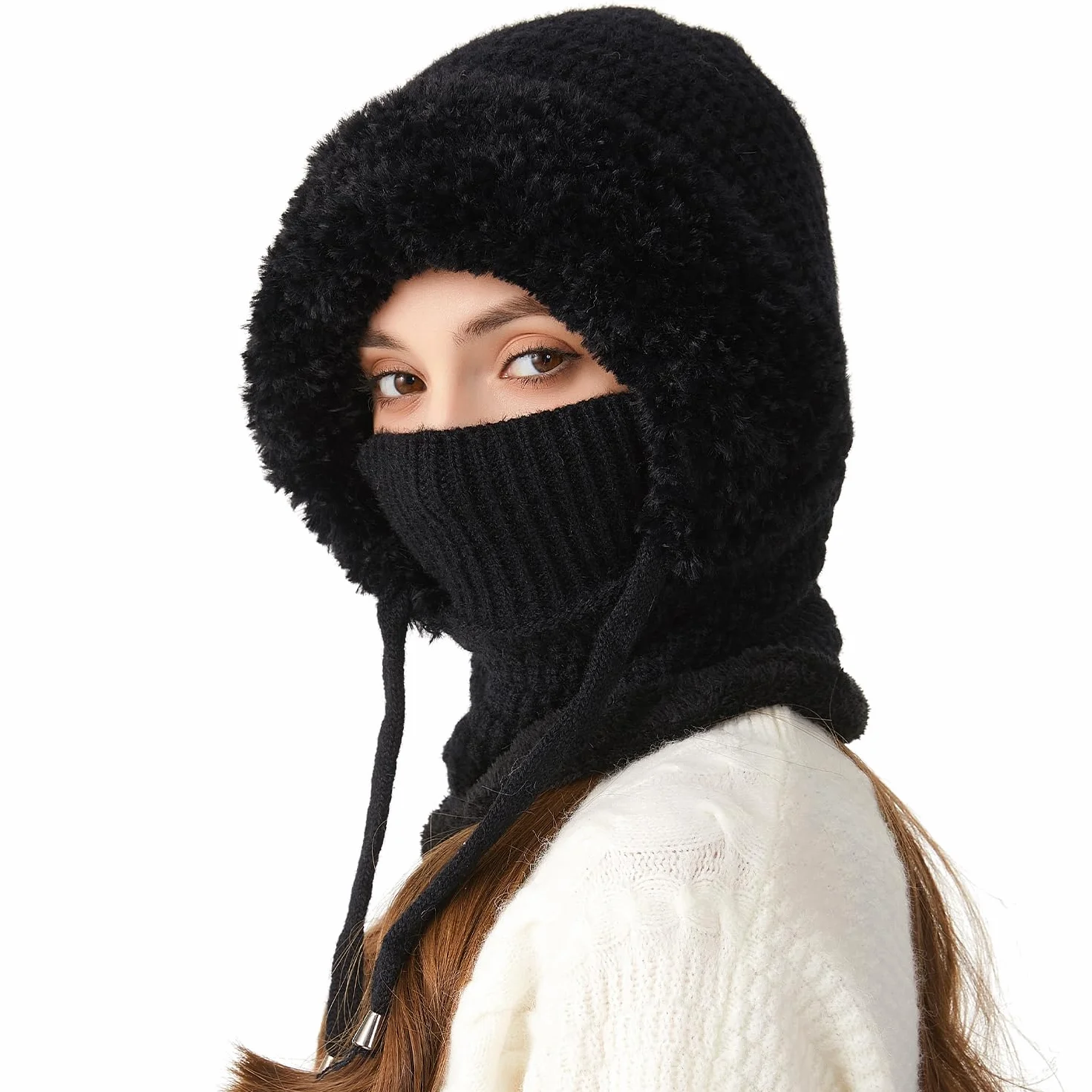Pasamontañas Invierno Mujer Cálido Sombrero con Cordón Gorro Invierno con Capucha Bufanda Balaclava Multifuncional Beanie Skull Cap para Clima Frío Esquí