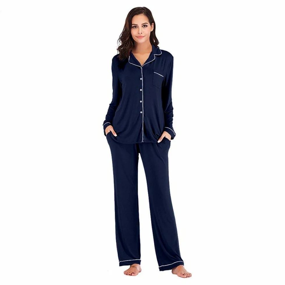 Conjunto De Pijamas De Mujer,Conjunto De Pijama Suave Clásico De Color Puro Modal De Algodón Con Botones Pjs Top & Bottoms Ladies Ropa De Dormir De Manga Larga Ropa De Dormir Para Todas Las Estacio