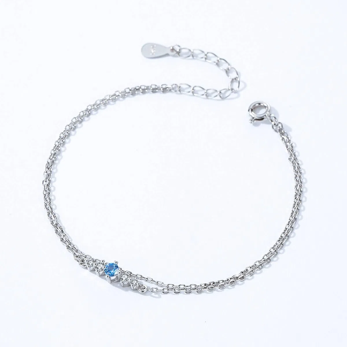 Pulsera Mujer Oro Blanco 9Kilates / 14Kilates / 18Kilates, Cadena Doble Capa con Zafiro Creado de 0,25 ct, Cadena Extensible 16 CM + 5 CM, Pulseras de Mujer de Plata Azul