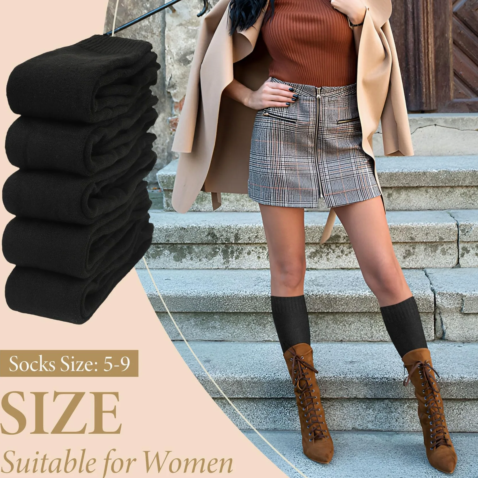Justay 5 pares de calcetines altos hasta la rodilla para mujer, calcetines cálidos de invierno, calcetines largos de punto térmico suaves para mujer