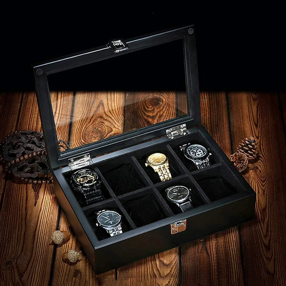 Caja de reloj grande – 8 ranuras para relojes, organizador de joyas de lujo, caja de almacenamiento de madera con hebilla de metal con cerradura superior de cristal para hombres y mujeres