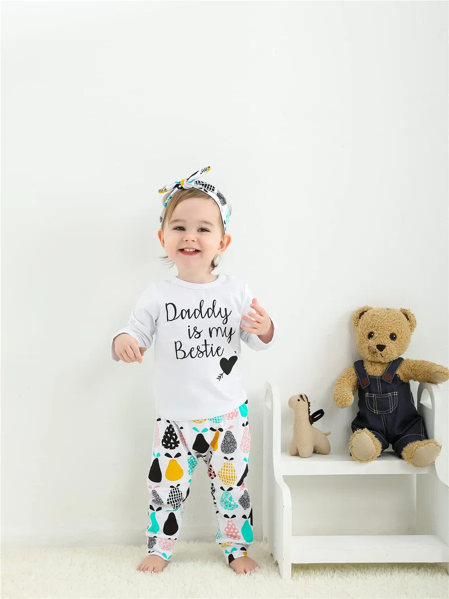 KuKitty Conjunto de 3 piezas para bebé y niña, manga larga, camiseta, blusas, pantalones con diadema