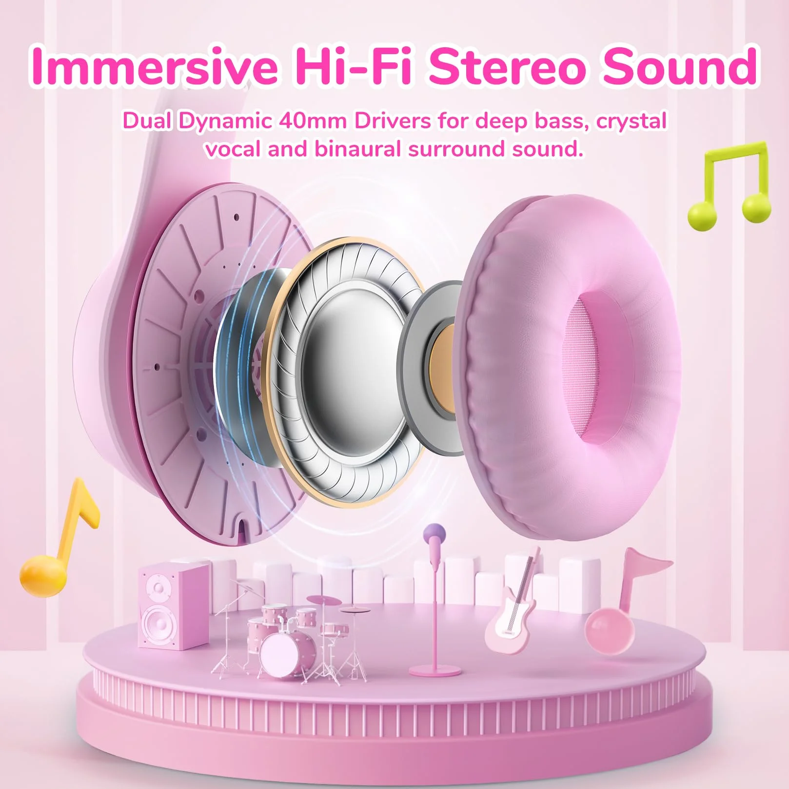EarFun Auriculares para Niños con Micrófono, Cascos Infantiles con Cable Jack 3,5 mm, Volumen Limitado 85/94 dB, Sonido Estéreo HD, Diadema Plegable para Pad, Tabletas, La Escuela, Rosa