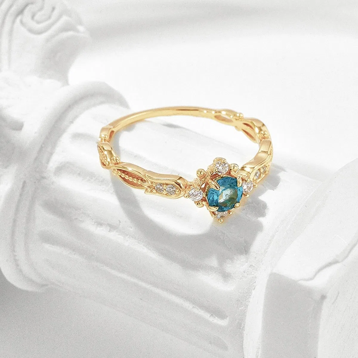 Anillo de boda de oro amarillo de 9 K/14 K/18 K con topacio azul, anillos retro para parejas