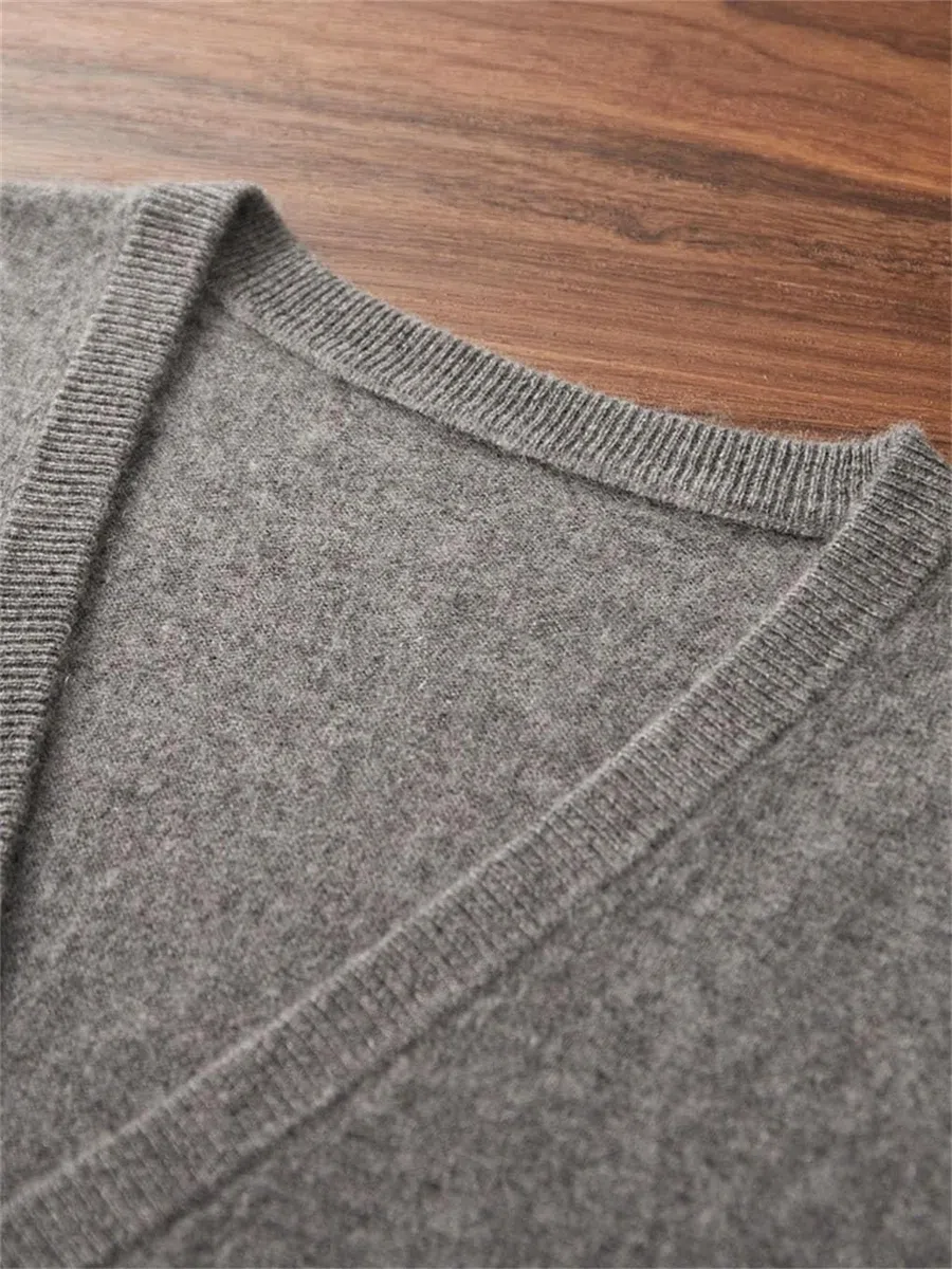 Chaleco de cachemira para hombre, cuello en V, suéter sin mangas, con bolsillos, chaleco casual