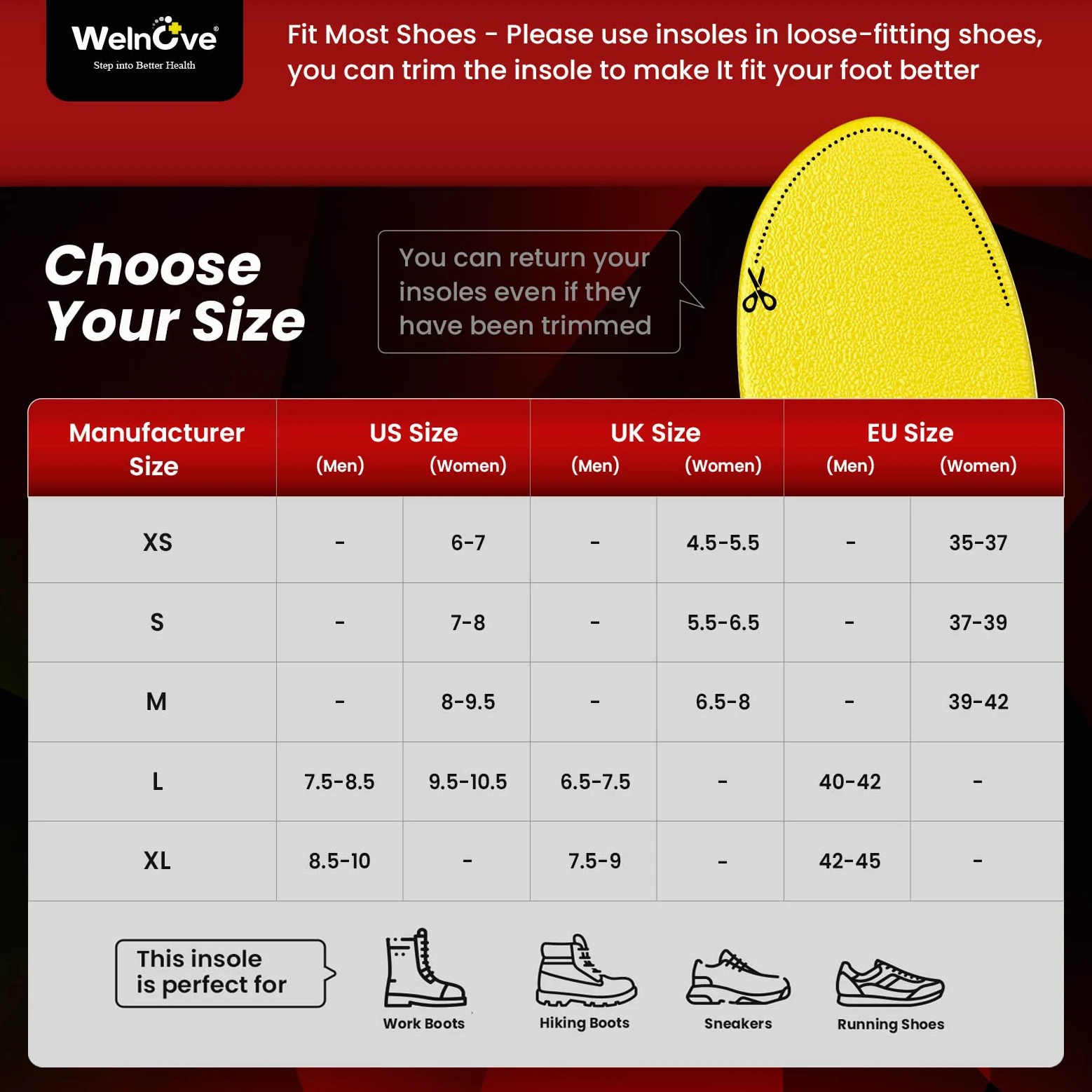 Walk Comfort Insoles - Welnove Pain Relief Insoles with Arch Support Cushion Inserts for Walking, Work & Travel - All-Day Comfort for Standing on Feet,Anti Fatigue - XL