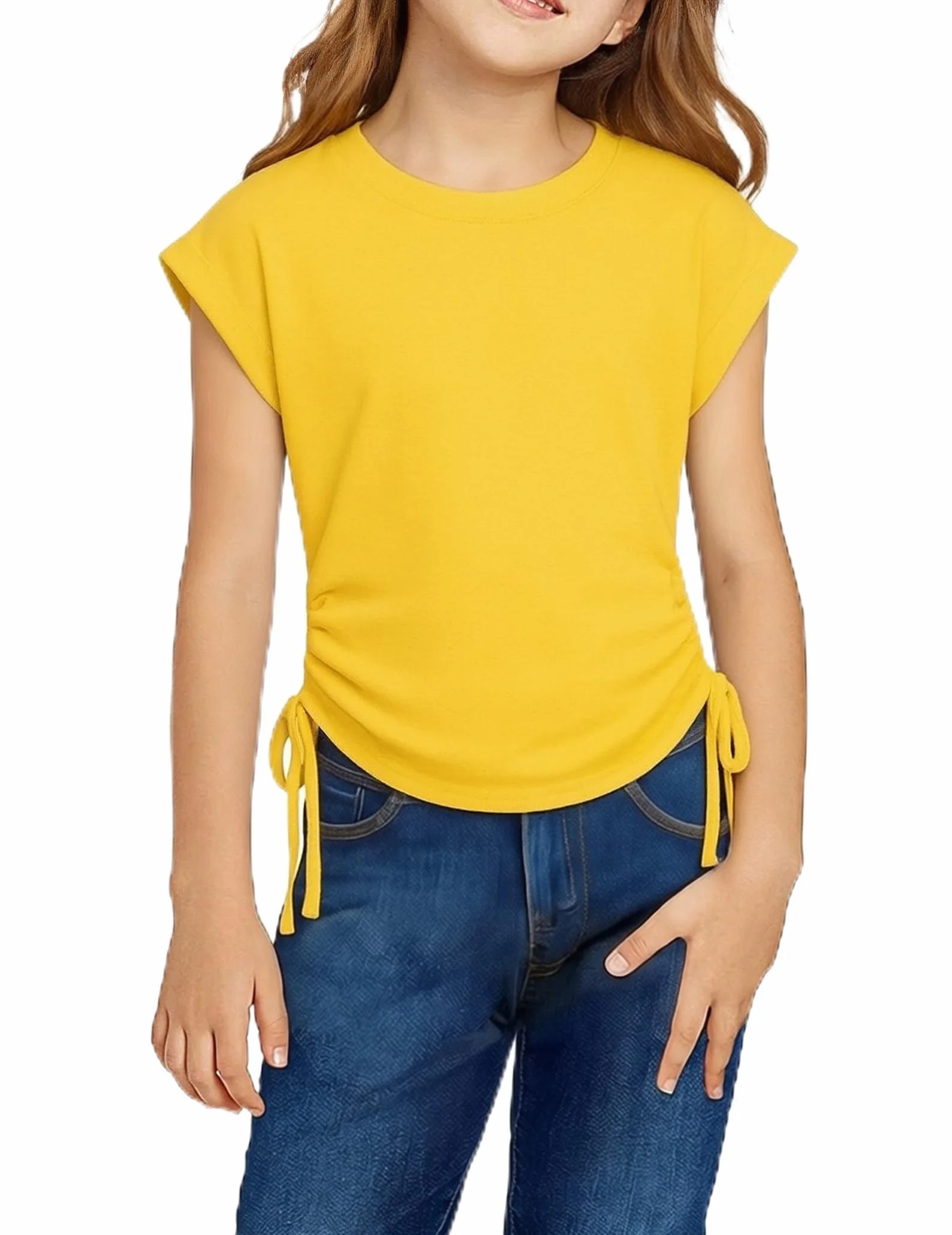 Arshiner Niñas Camisetas Manga Corta Extended Shoulder Niños Verano T-Shirt Algodón Cuello Redondo Manga Corta Shirt y Cordón para Niñas 6-14 Años