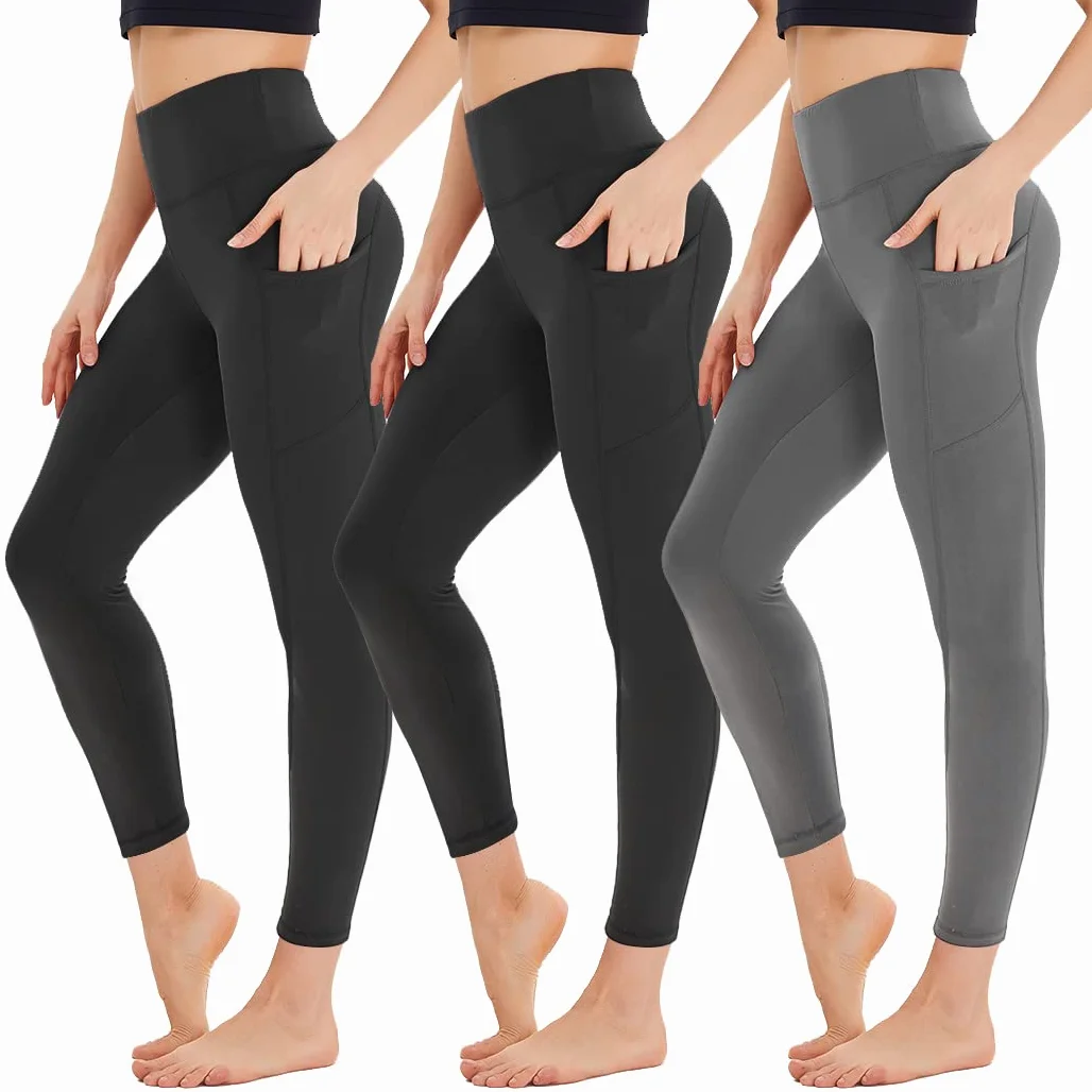 HIGHDAYS Paquete de 3 leggings capri para mujer con bolsillos, pantalones de yoga de cintura alta para entrenamiento, correr