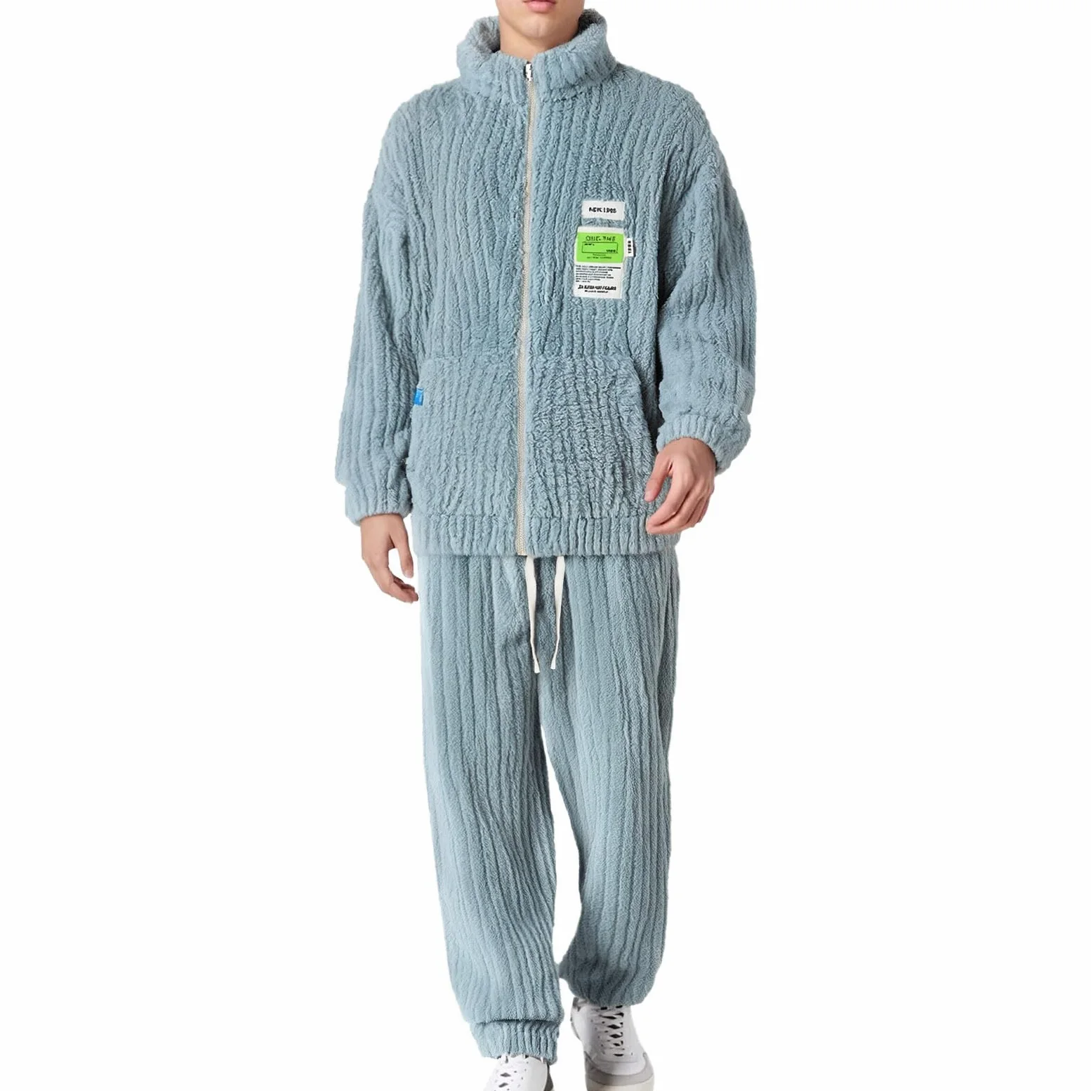 Generisch Pijama de franela para hombre, holgado, cómodo, pijama de invierno cálido, juego de pijama largo de dos piezas y camiseta de dormir suave ropa de dormir de felpa