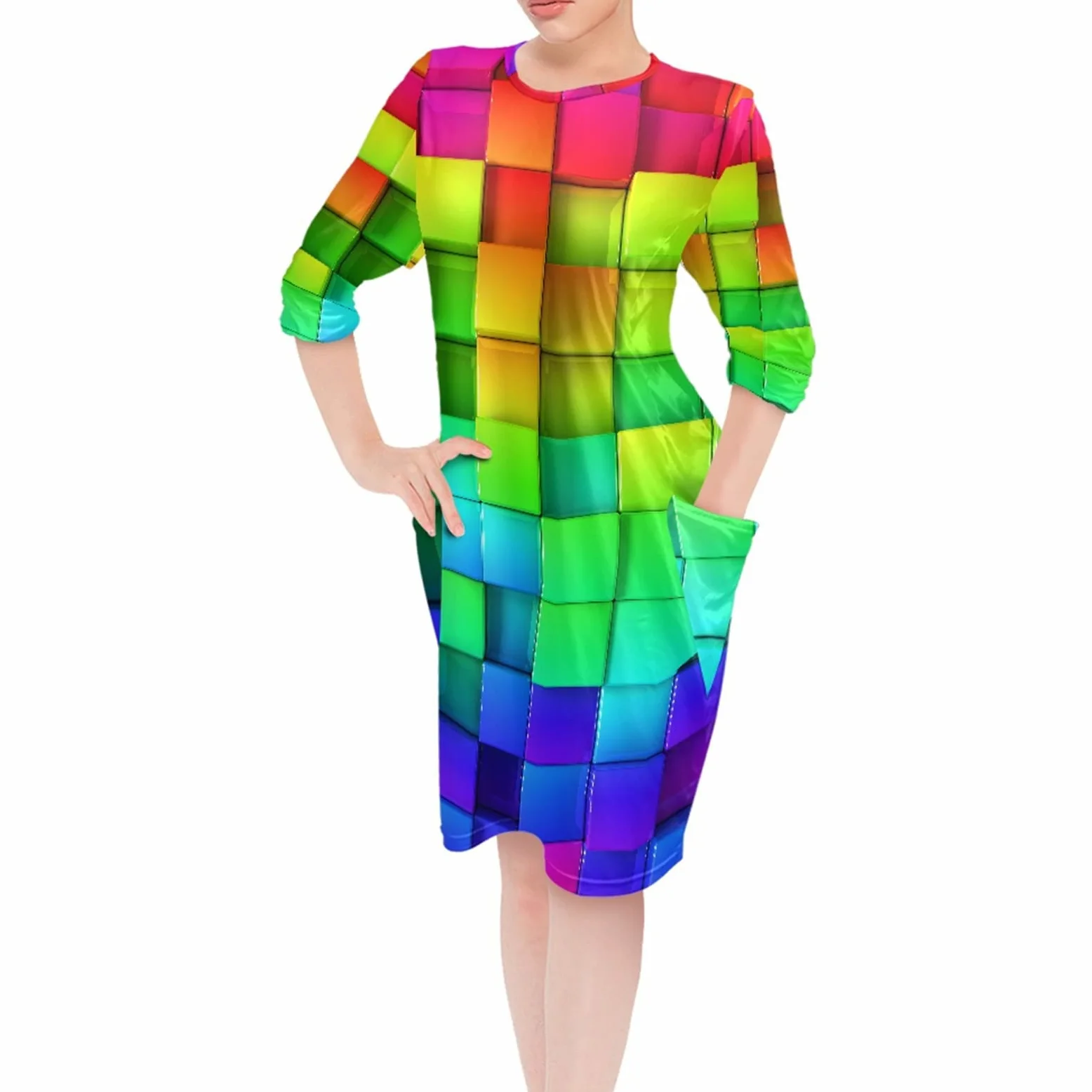 Binienty Camisones coloridos para mujer, 100% poliéster, suave, ligero, manga larga, con bolsillos, cuadrados 3D impresos