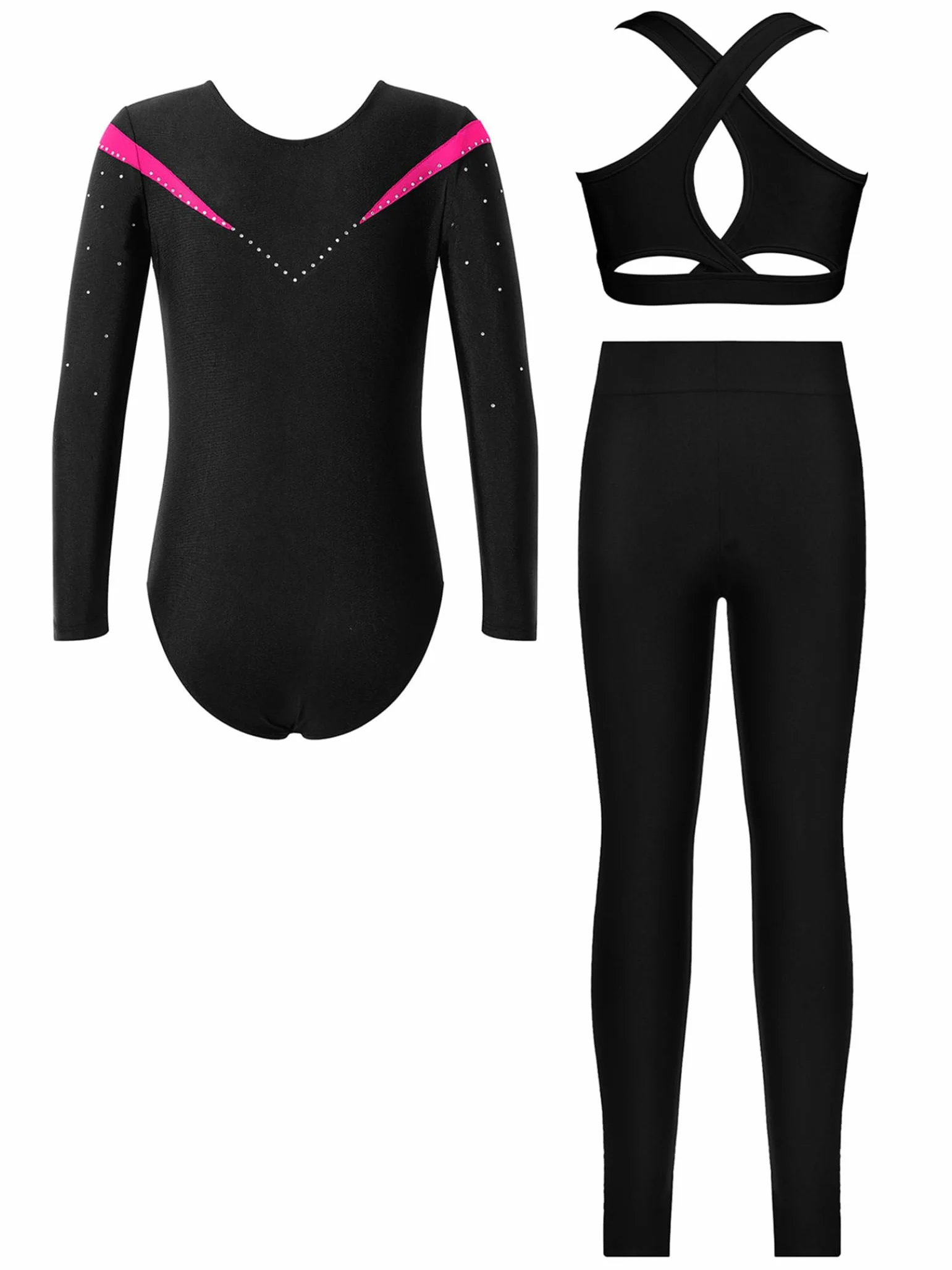 Piezas De Traje De Gimnasia Con Destellos Para Niñas Leotardos De Gimnasia De Manga Larga Tops De Deporte Brasier Y Pantalones Traje De Baile Para Rosa oscuro 9-10 años