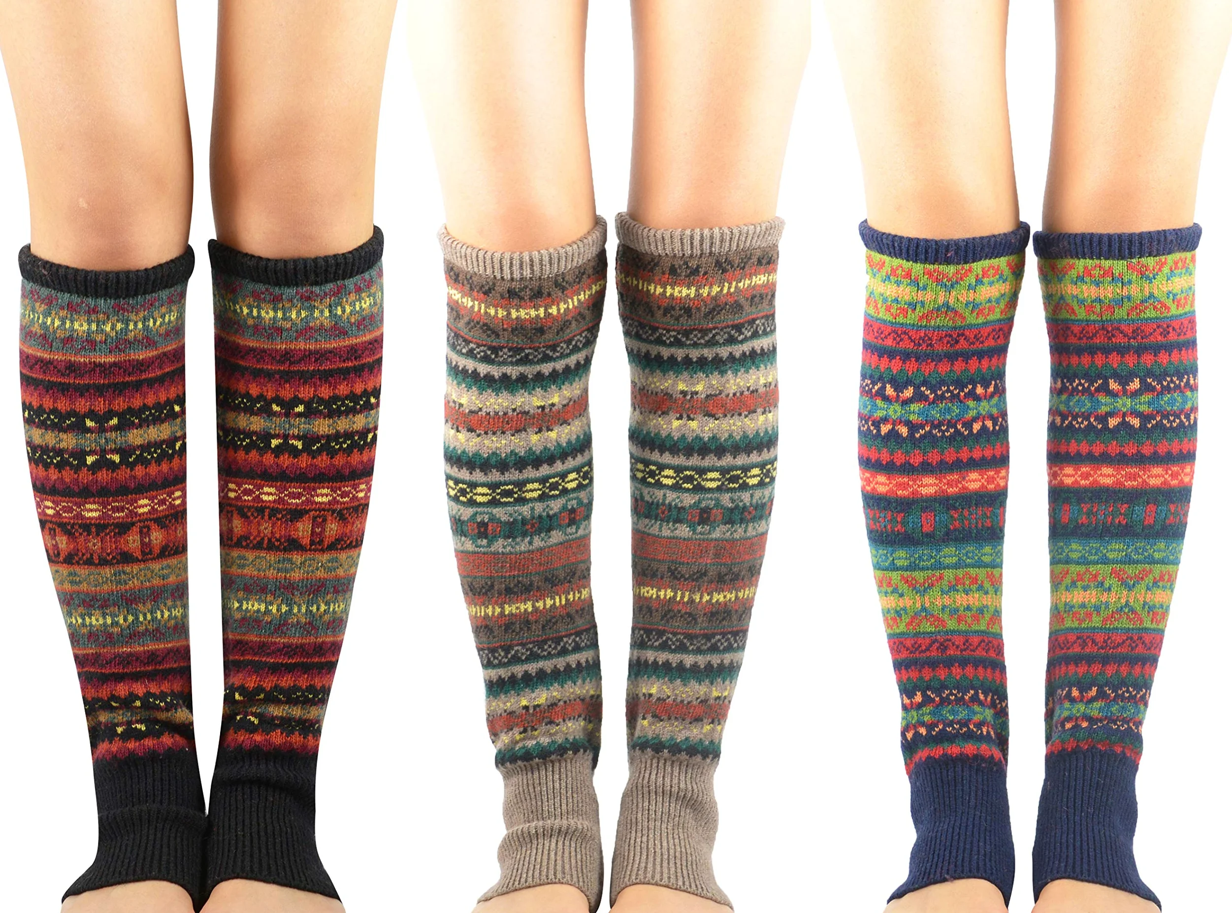 Durio Calentadores largos de invierno para mujer, calentadores de piernas de punto gruesos, calentadores de piernas bohemios, Negro caqui y azul marino, Talla única