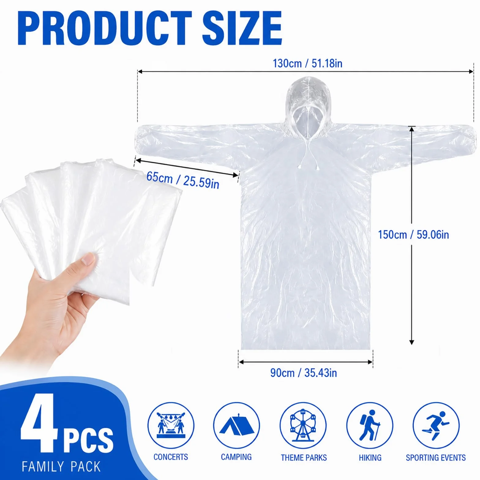 Lote de 4 Ponchos de Lluvia Desechables para Adultos, Capa Transparente Impermeable con Capucha y Mangas Sueltas, Protección Ligera para Senderismo Camping Parque de Atracciones
