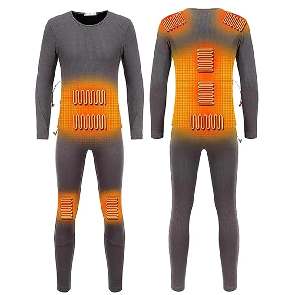 Conjunto de Ropa Interior Térmica Calefactable USB para Hombre y Mujer, Incluye Pantalón y Camiseta Térmica con 9 Zonas de Calefacción y Forro Polar,Gris,M