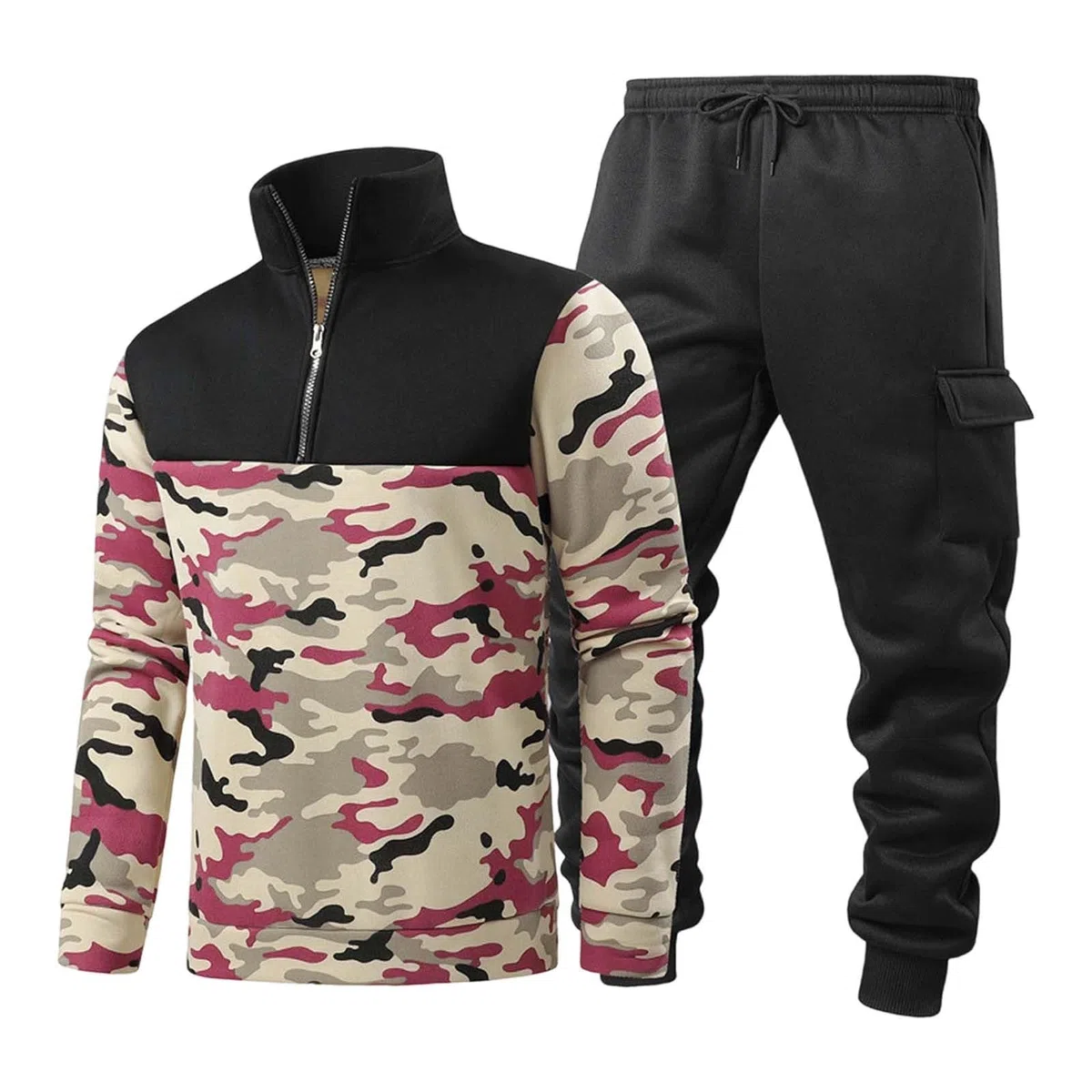 Traje de combate militar para hombre, forro polar, engrosado, dos piezas, media cremallera, forro polar y pantalones térmicos, estampado de camuflaje, traje de exterior de felpa gruesa