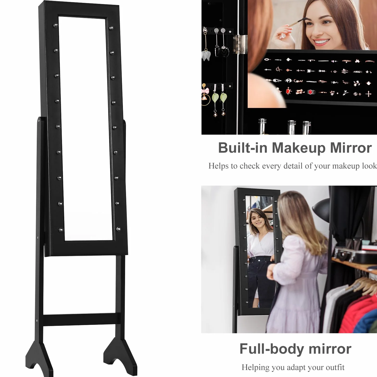 HOMASIS Armario Joyero de Suelo Con Espejo y Luces LED - Contenedor Con Marco para Joyas, Cosméticos - para Cama, Baño (Negro)
