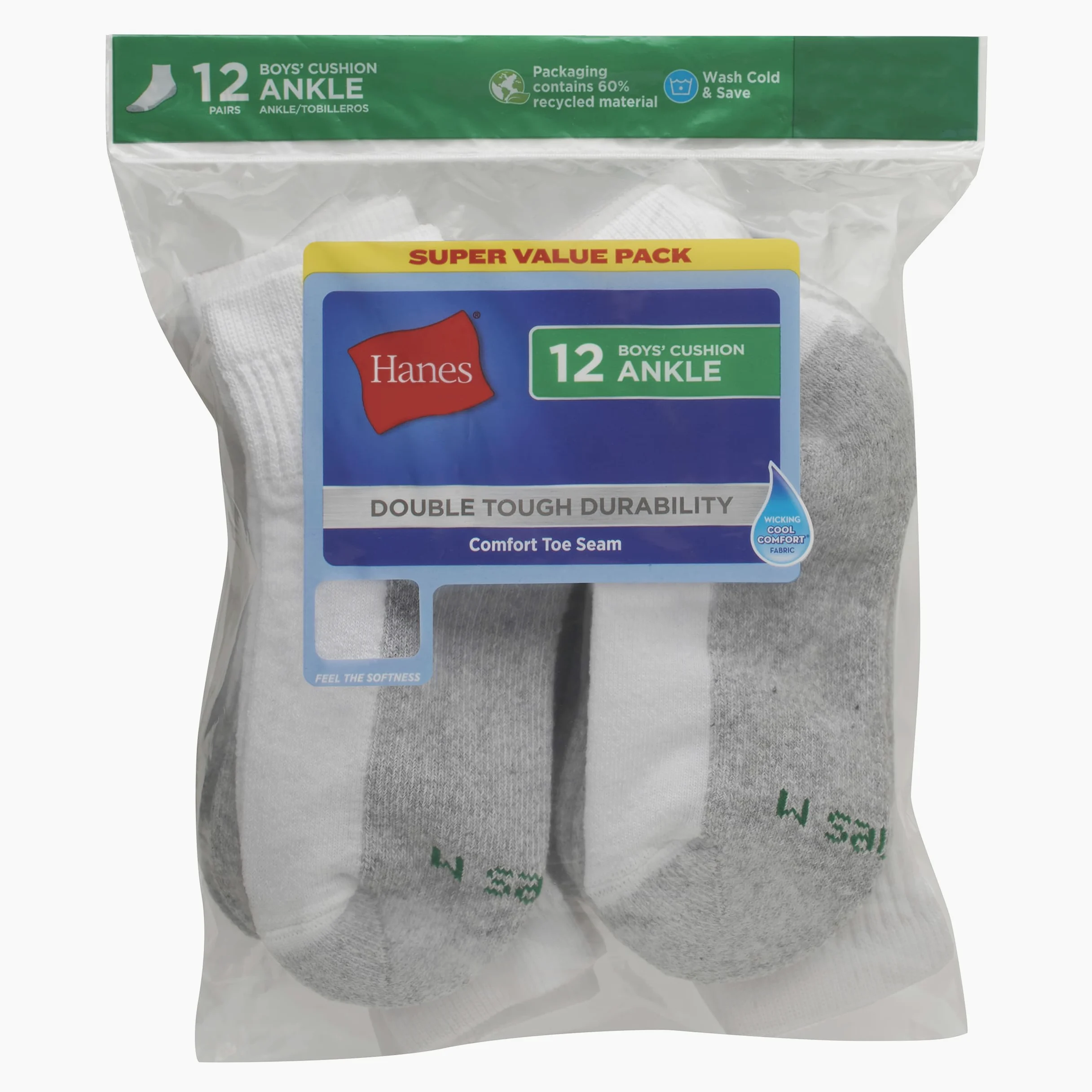 Hanes Big Boys' Classics Ankle Socks (Pack of 12)