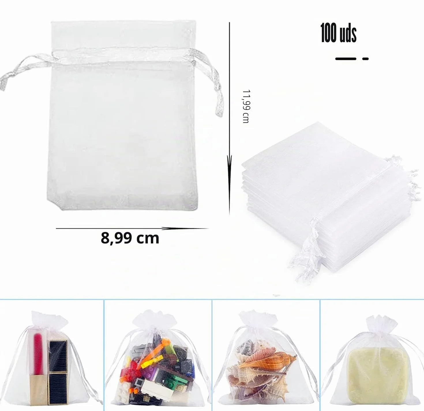 50 bolsas de organza blancas, 9 x 12 cm, de organza, regalo, joyas, bodas, caramelos, con cordón de satén, para festivales, fiestas y bodas