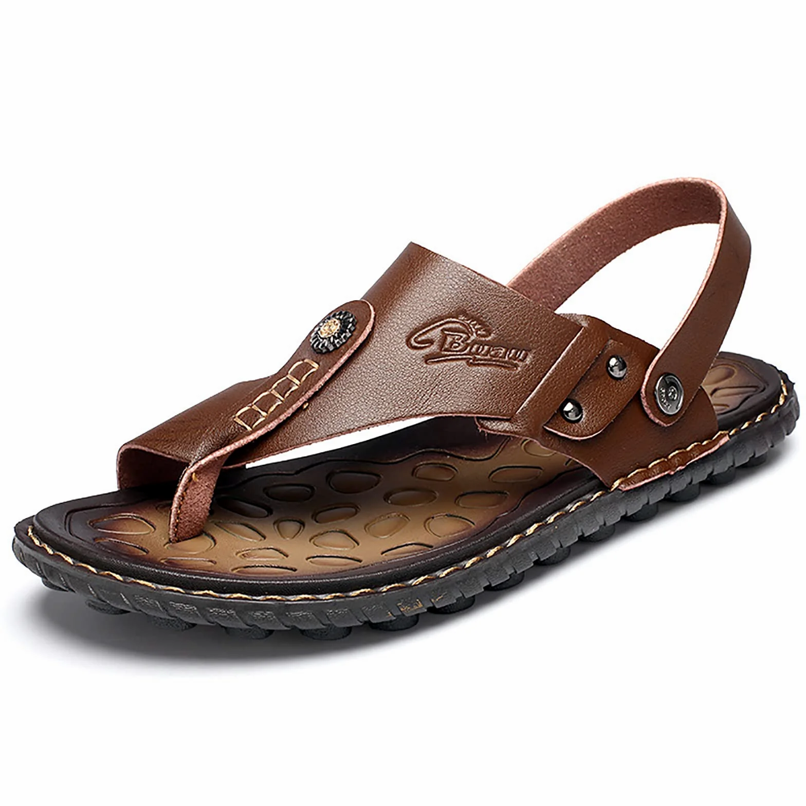 Chanclas Hombre Cuero Sandalias Verano Antideslizante Piscina Playa Flip Flops(Size:43 EU,Color:Marron Oscuro)