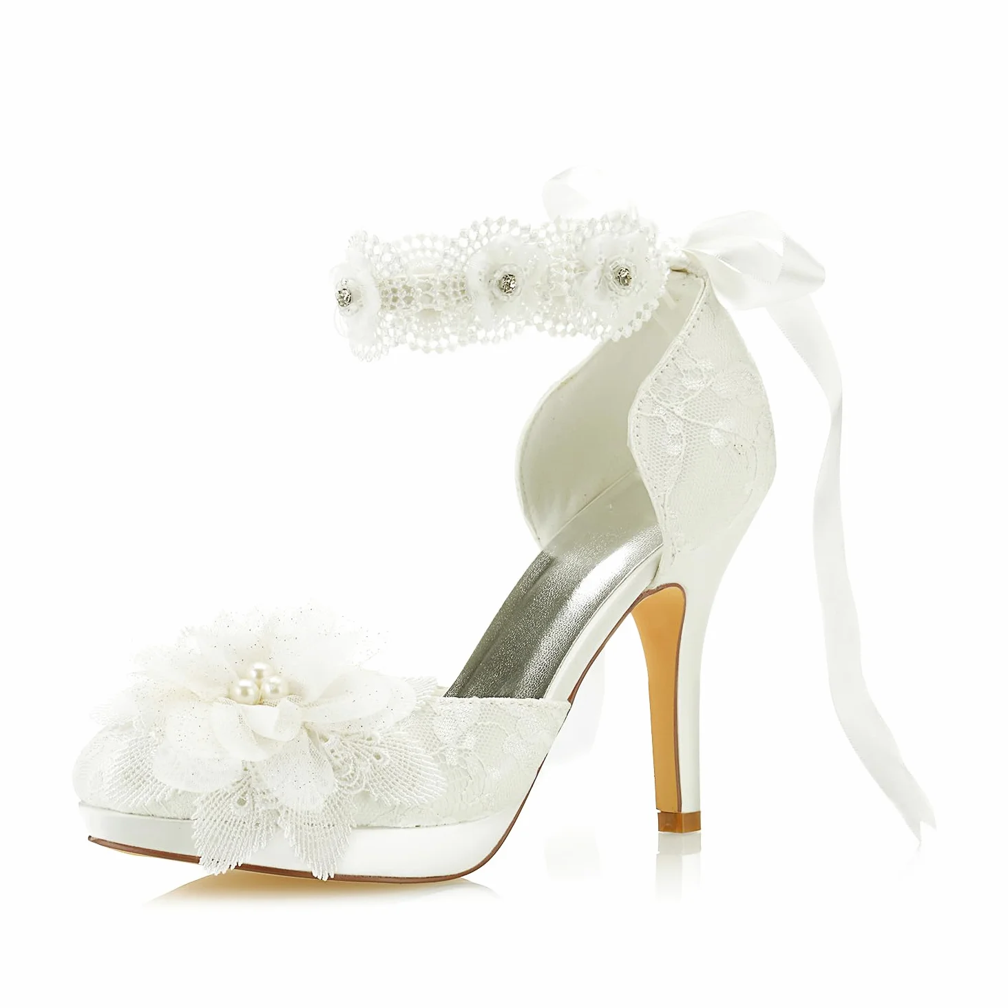 JIAJIA 3703L De Las Mujeres Zapatos de Novia Dedo del pie Cerrado 10cm Tacón de Aguja Cordón Satín Plataforma Zapatillas Flor Lazo de la Cinta Zapatos de Boda