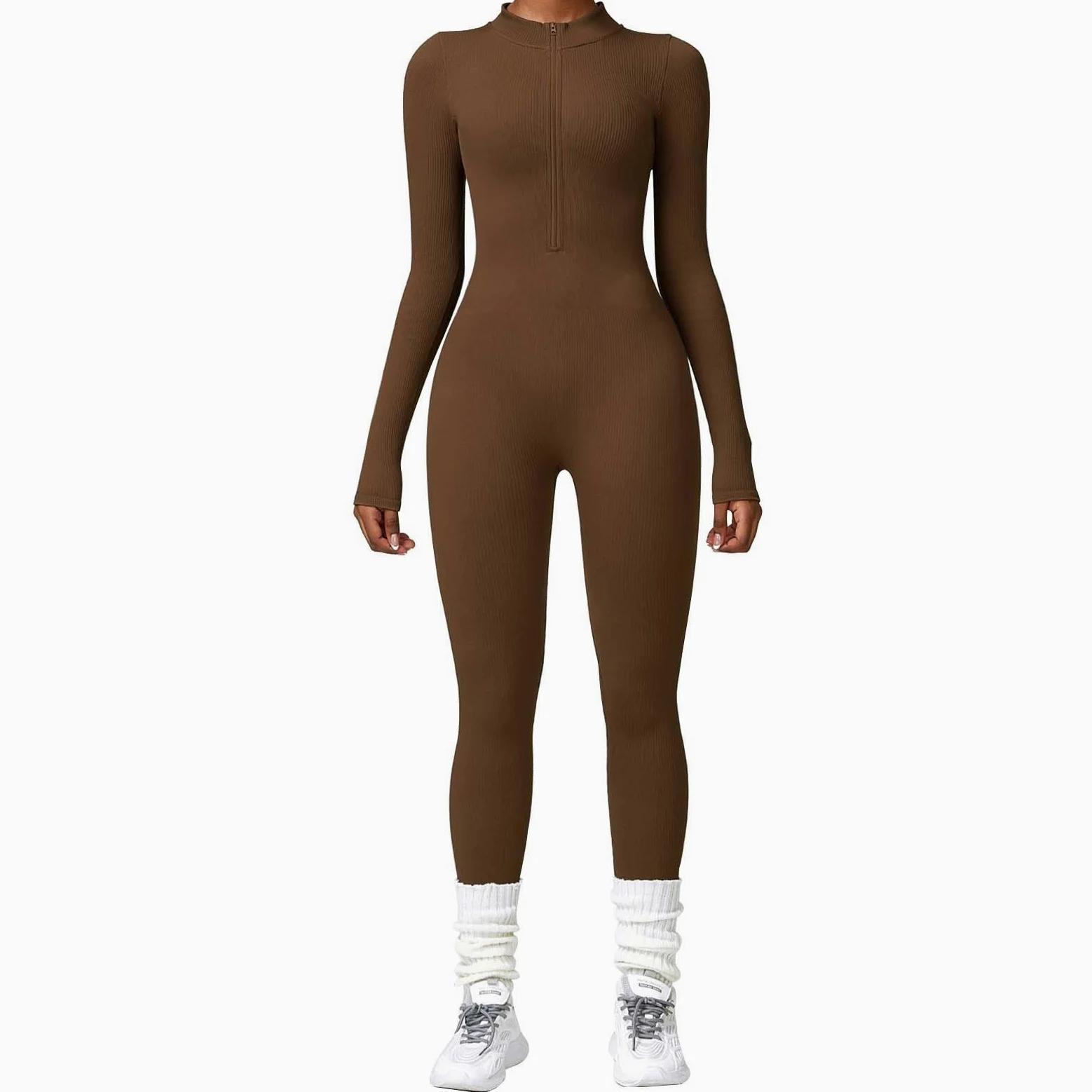 Genérico Body transparente para mujer, combinación de yoga sin costuras, manga larga, pantalón con cremallera, ajustado, traje de deporte 2026, mono de fitness para mujer