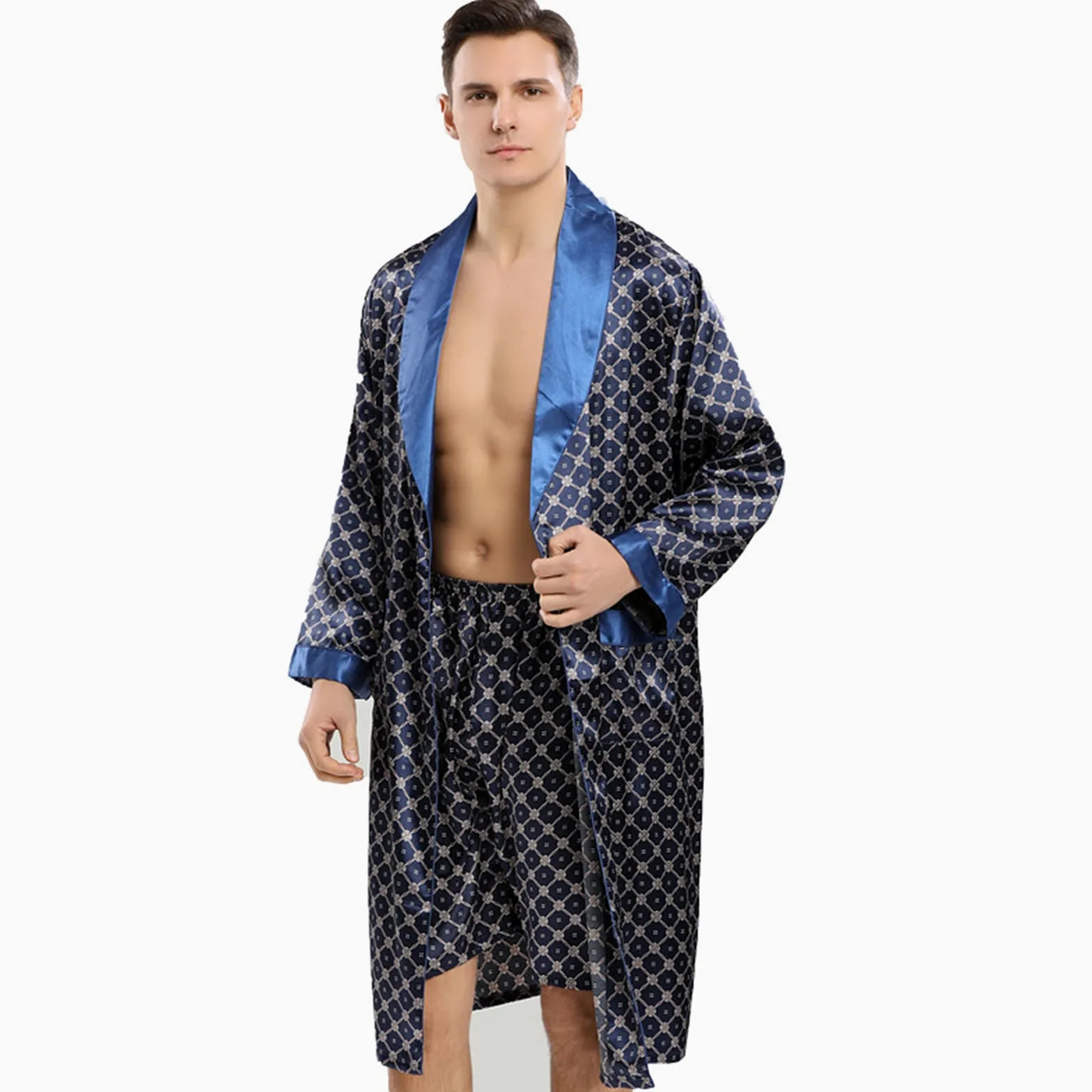 Traje de Dos Piezas de camisón de Seda de Manga Larga para Hombre de Primavera y Verano