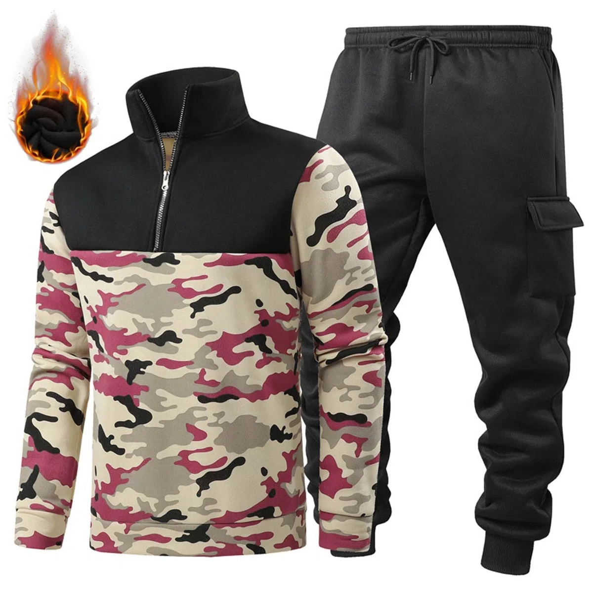 Traje de combate militar para hombre, forro polar, engrosado, dos piezas, media cremallera, forro polar y pantalones térmicos, estampado de camuflaje, traje de exterior de felpa gruesa