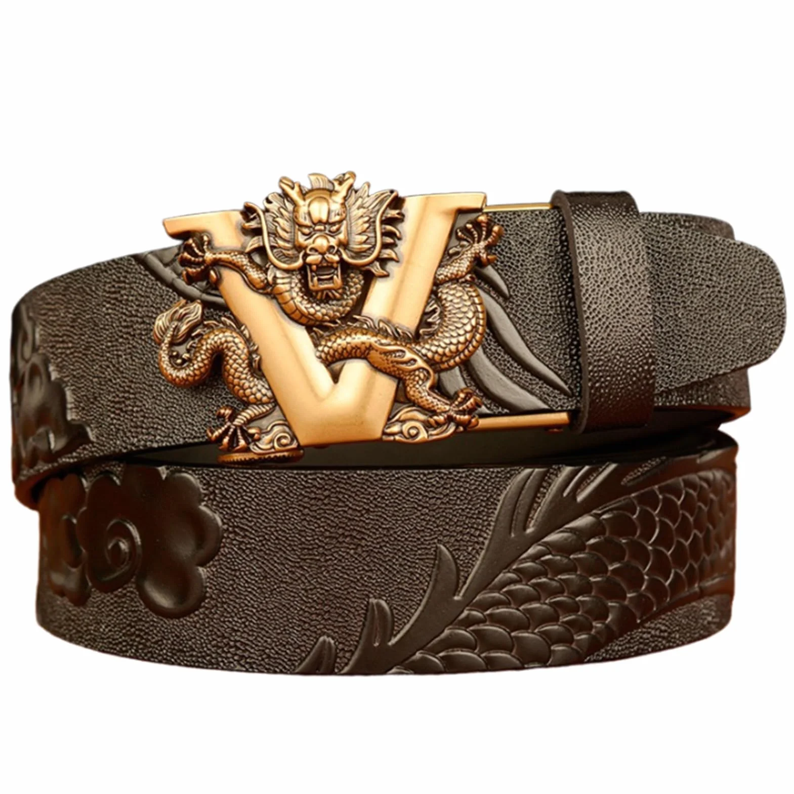 Cinturón De Vestir De Carraca para Hombre Hebilla Automática Deslizante Dragón Tallado Occidental En Relieve Cuero De Vaca De Grano Completo Correa De Grueso(110cm/43, Dragon-H)