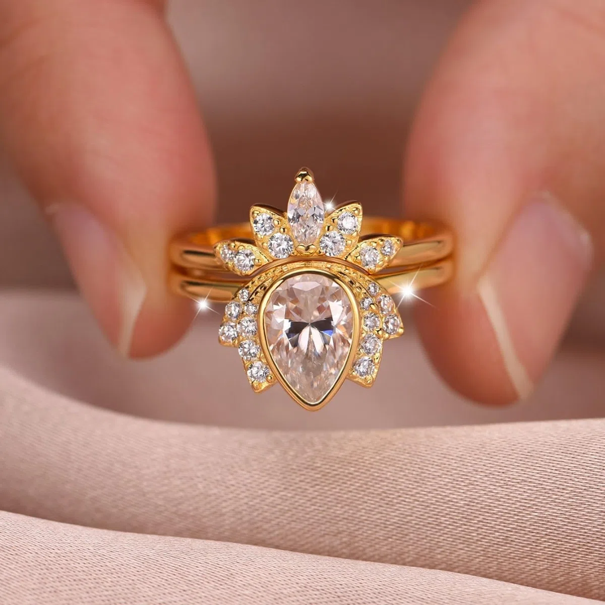 Anillos para mujer, oro real, 2 unidades, oro blanco, apilables, con moissanite, 1,5 ct